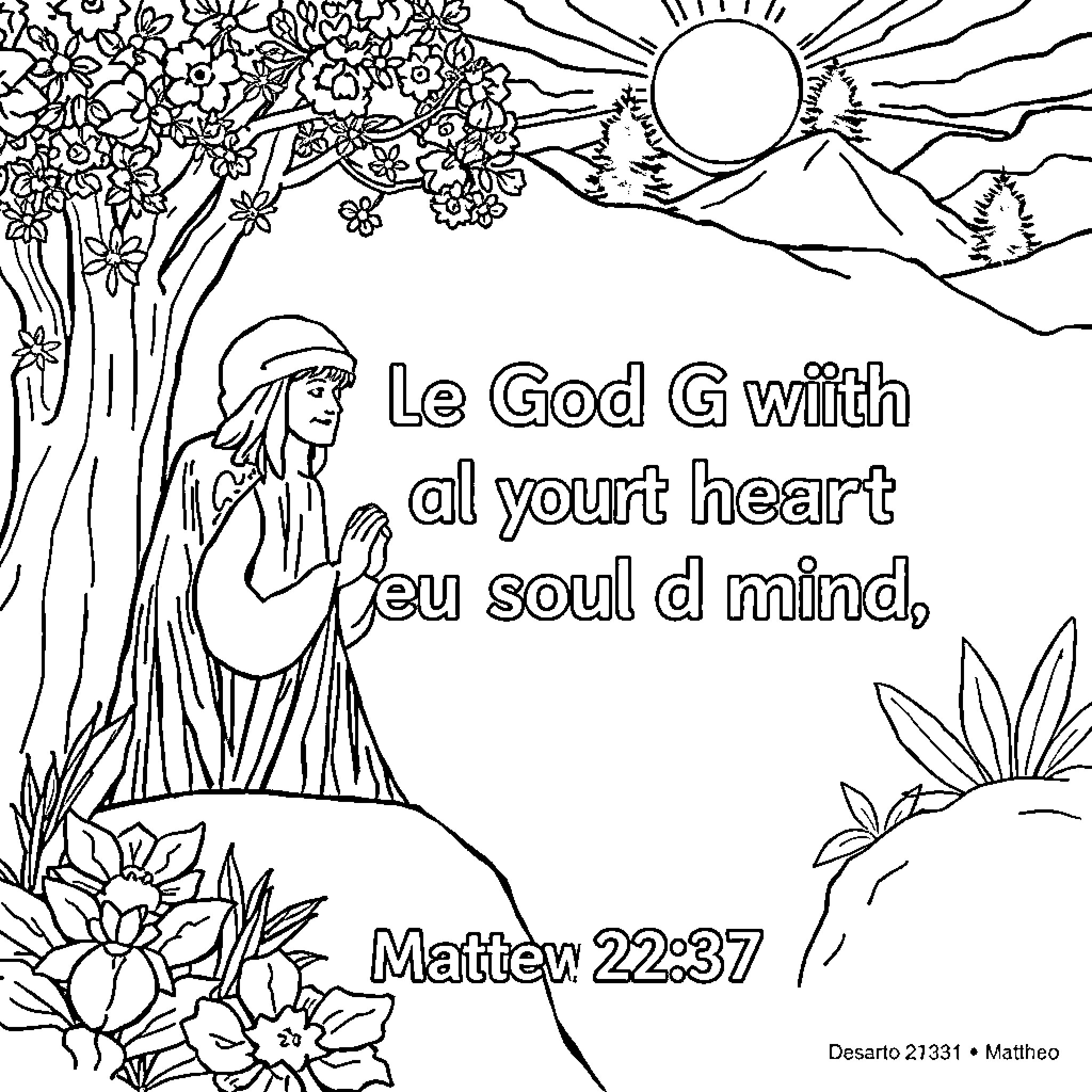 Matthew prays with nature and scripture Coloring Page (free black-and-white line drawing printable PDF for all, from beginners to advanced learners, including children, teens, adults, and seniors)
