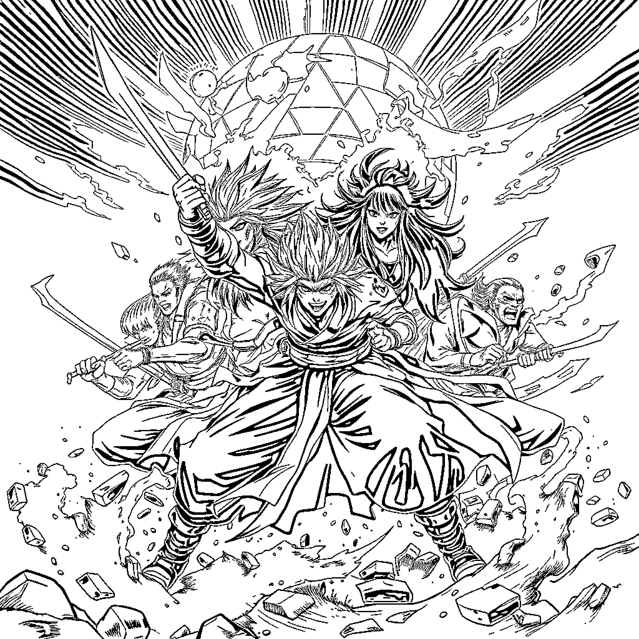 Gachiakuta: Fierce warriors in an explosive battle Coloring Page (free black-and-white line drawing printable PDF for all, from beginners to advanced learners, including children, teens, adults, and seniors)