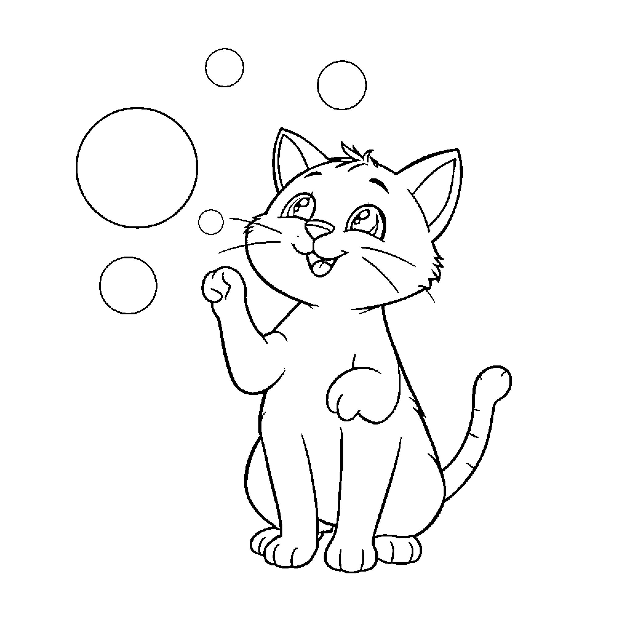 Cat playing with bubbles Coloring Page (free black-and-white line drawing printable PDF for all, from beginners to advanced learners, including children, teens, adults, and seniors)