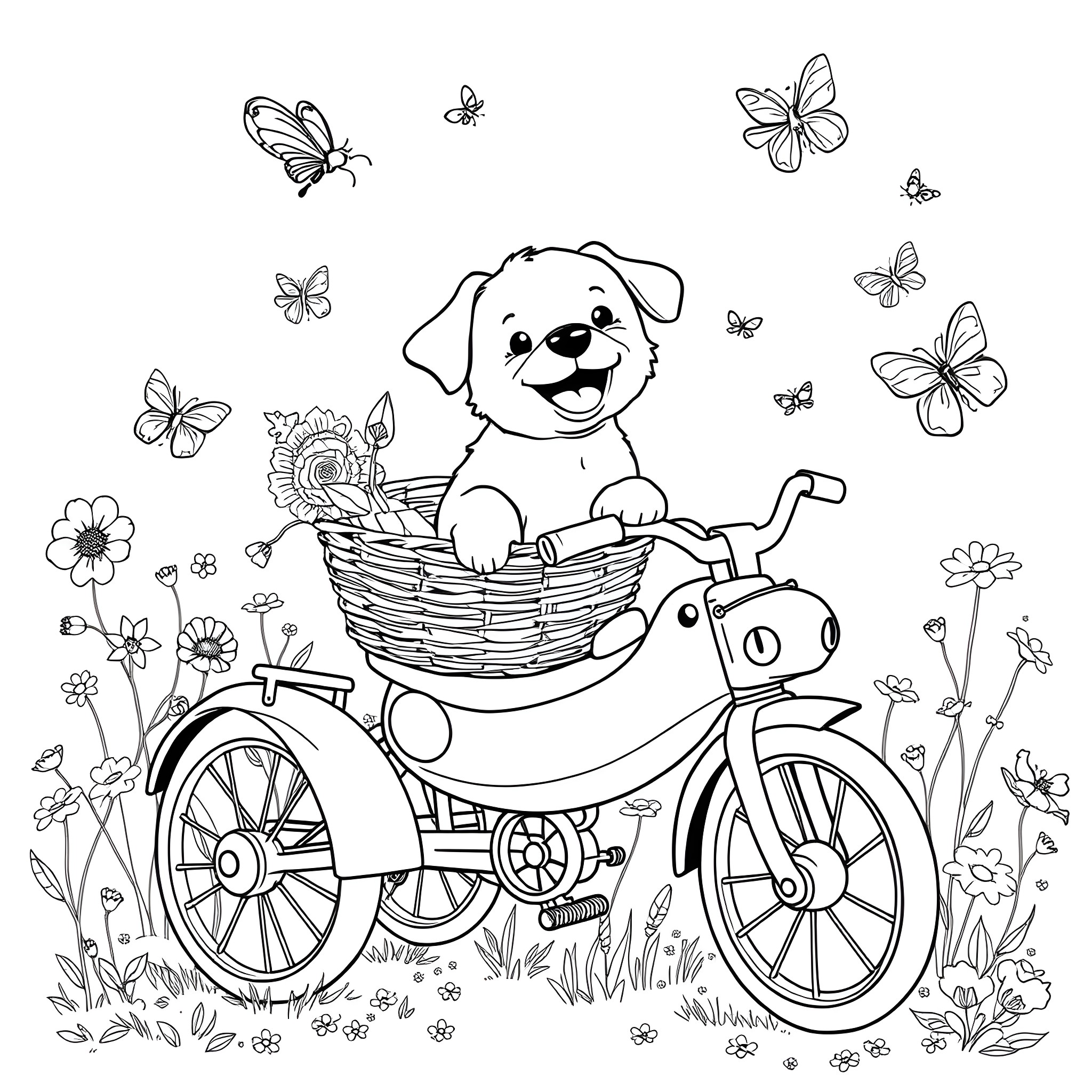 Puppy riding a bicycle with butterflies Coloring Page (free black-and-white line drawing printable PDF for all, from beginners to advanced learners, including children, teens, adults, and seniors)