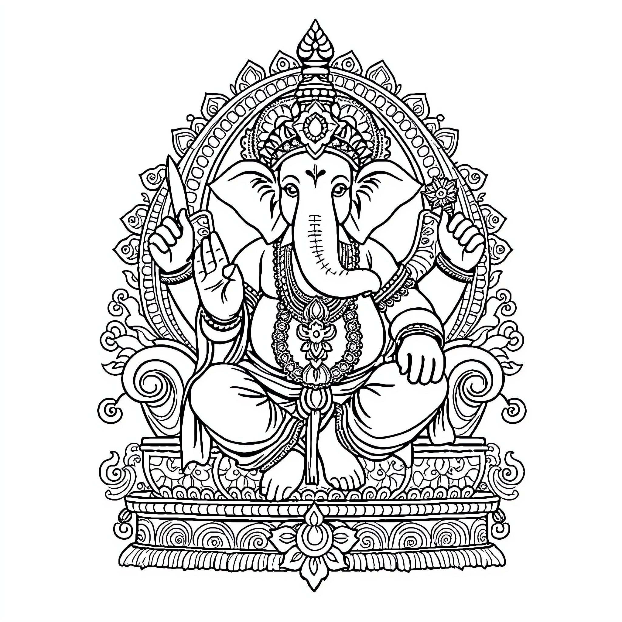 Ganesha seated in an ornate frame Coloring Page (free black-and-white line drawing printable PDF for all, from beginners to advanced learners, including children, teens, adults, and seniors)