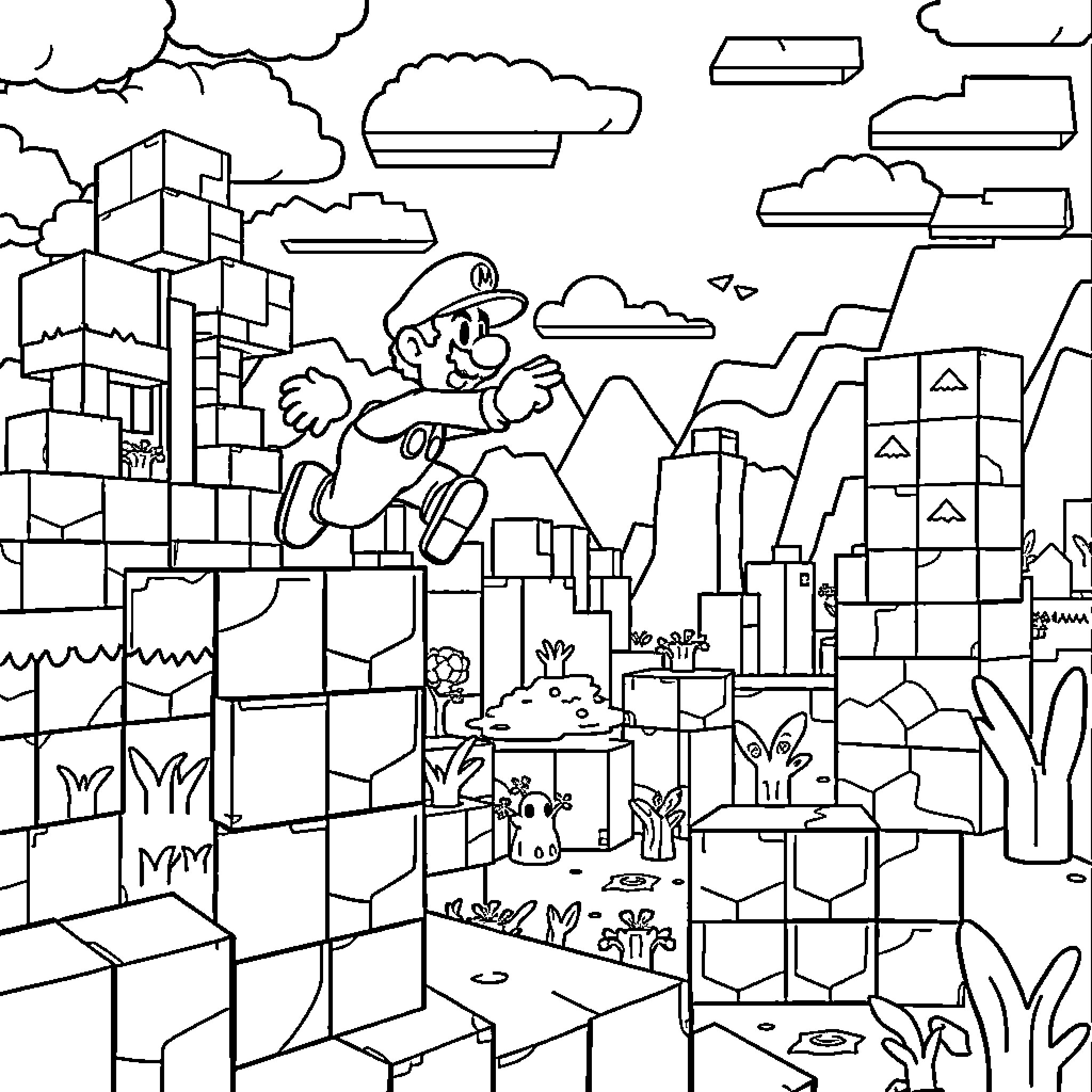 Mario's Fantastic Urban Adventure Coloring Page (free black-and-white line drawing printable PDF for all, from beginners to advanced learners, including children, teens, adults, and seniors)