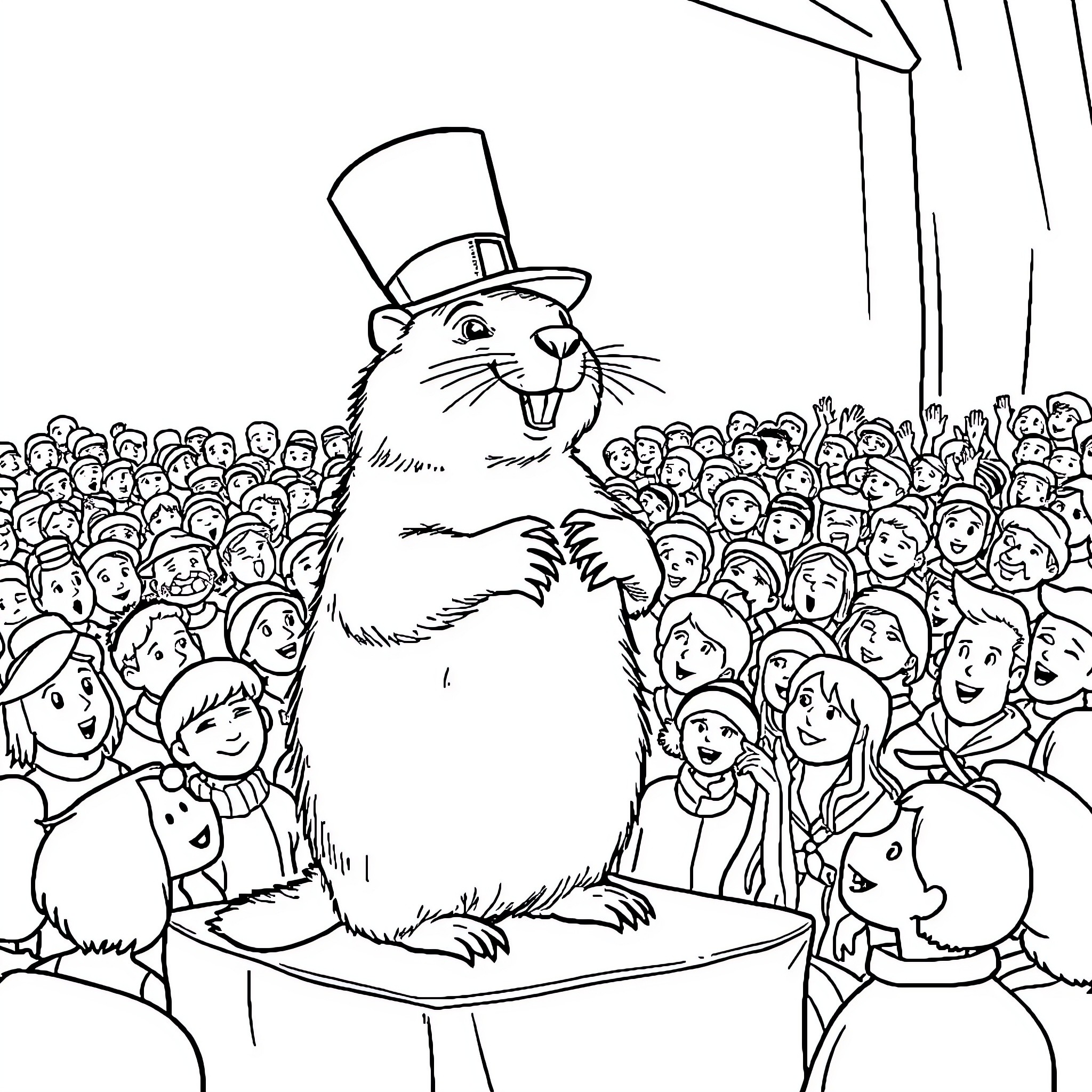 Wiarton Willie performing for a crowd Coloring Page (free black-and-white line drawing printable PDF for all, from beginners to advanced learners, including children, teens, adults, and seniors)