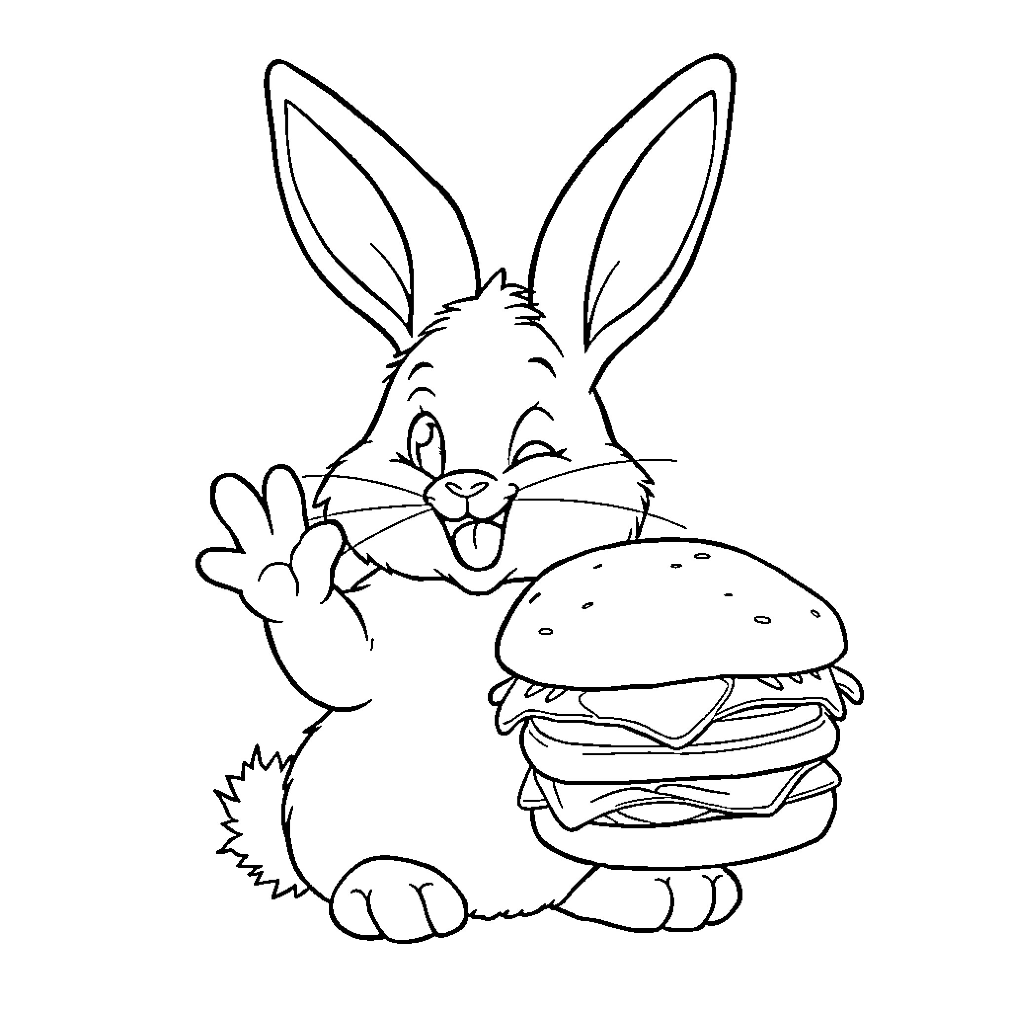 Bunny Enjoying a Tasty Burger Coloring Page (free black-and-white line drawing printable PDF for all, from beginners to advanced learners, including children, teens, adults, and seniors)