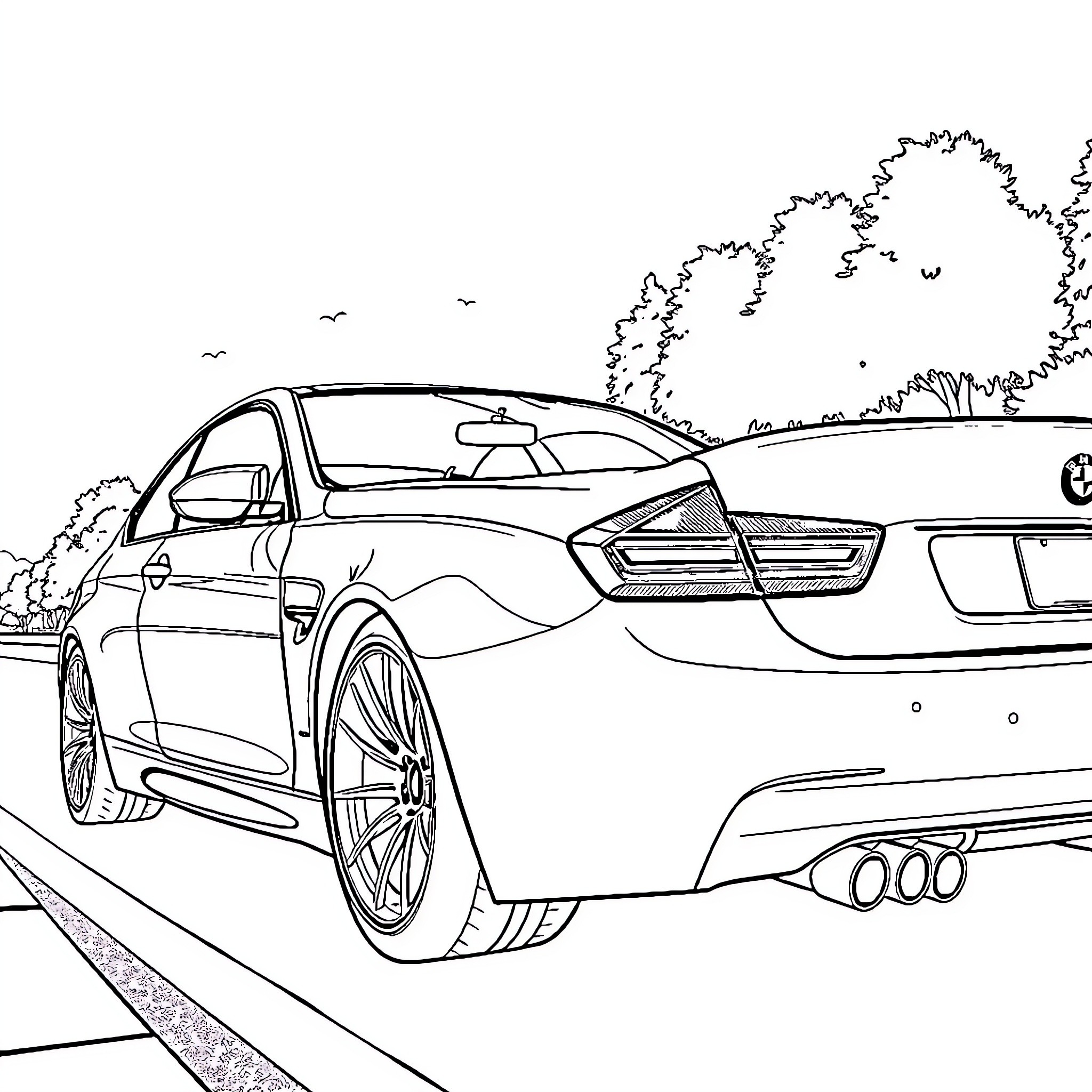 BMW sports car speeding down the road Coloring Page (free black-and-white line drawing printable PDF for all, from beginners to advanced learners, including children, teens, adults, and seniors)