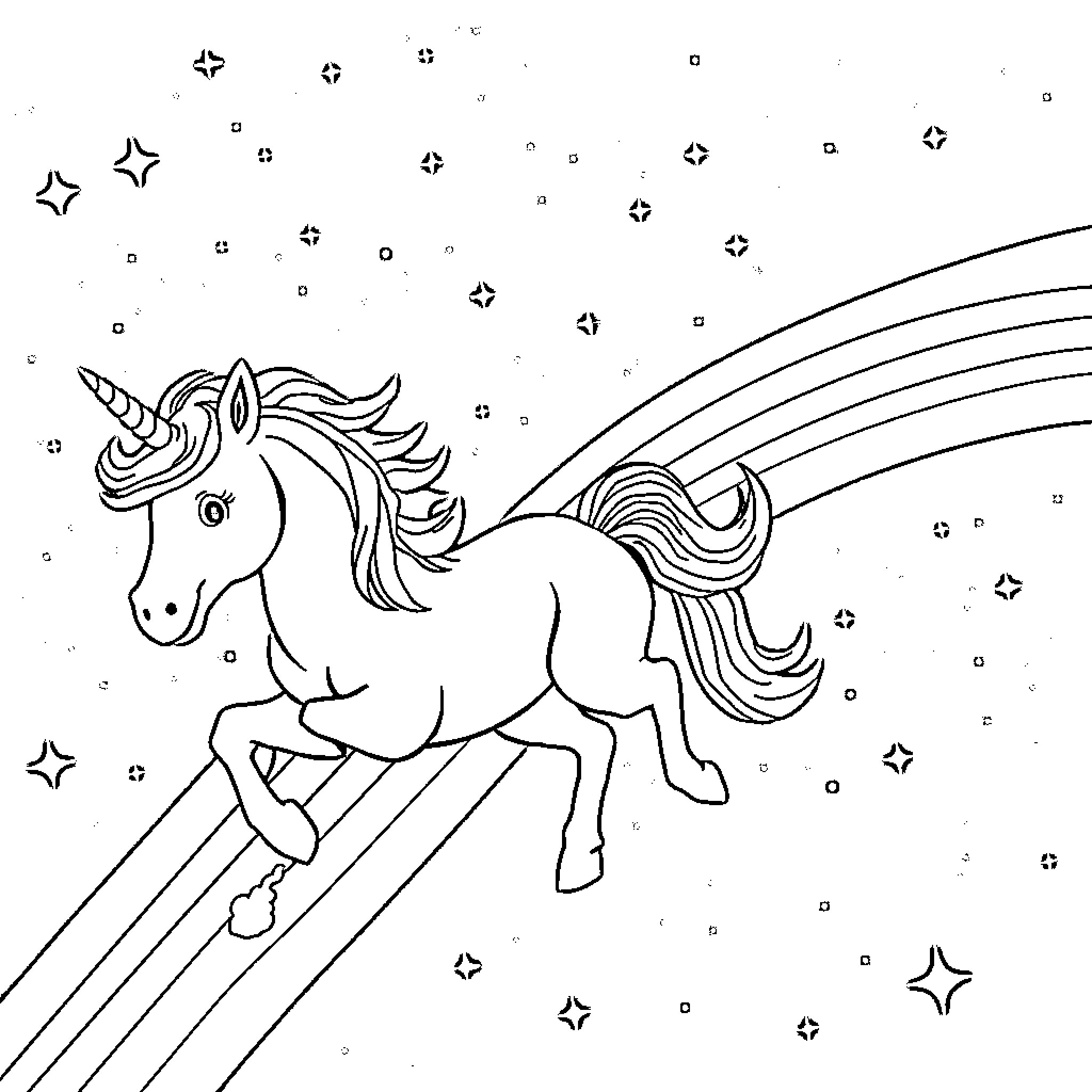Unicorn soaring through starry night sky Coloring Page (free black-and-white line drawing printable PDF for all, from beginners to advanced learners, including children, teens, adults, and seniors)