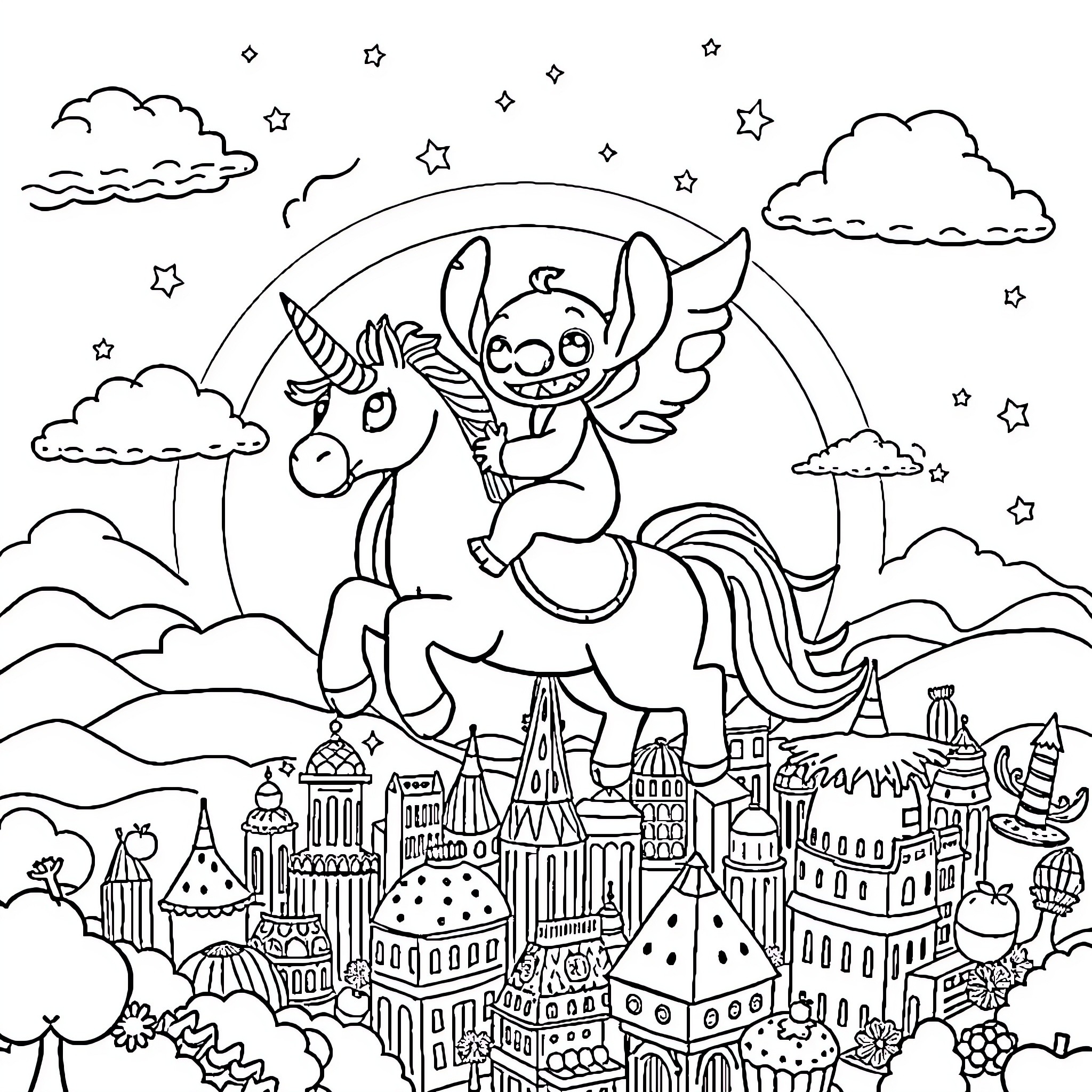Stitch riding a magical unicorn over a fantasy city Coloring Page (free black-and-white line drawing printable PDF for all, from beginners to advanced learners, including children, teens, adults, and seniors)