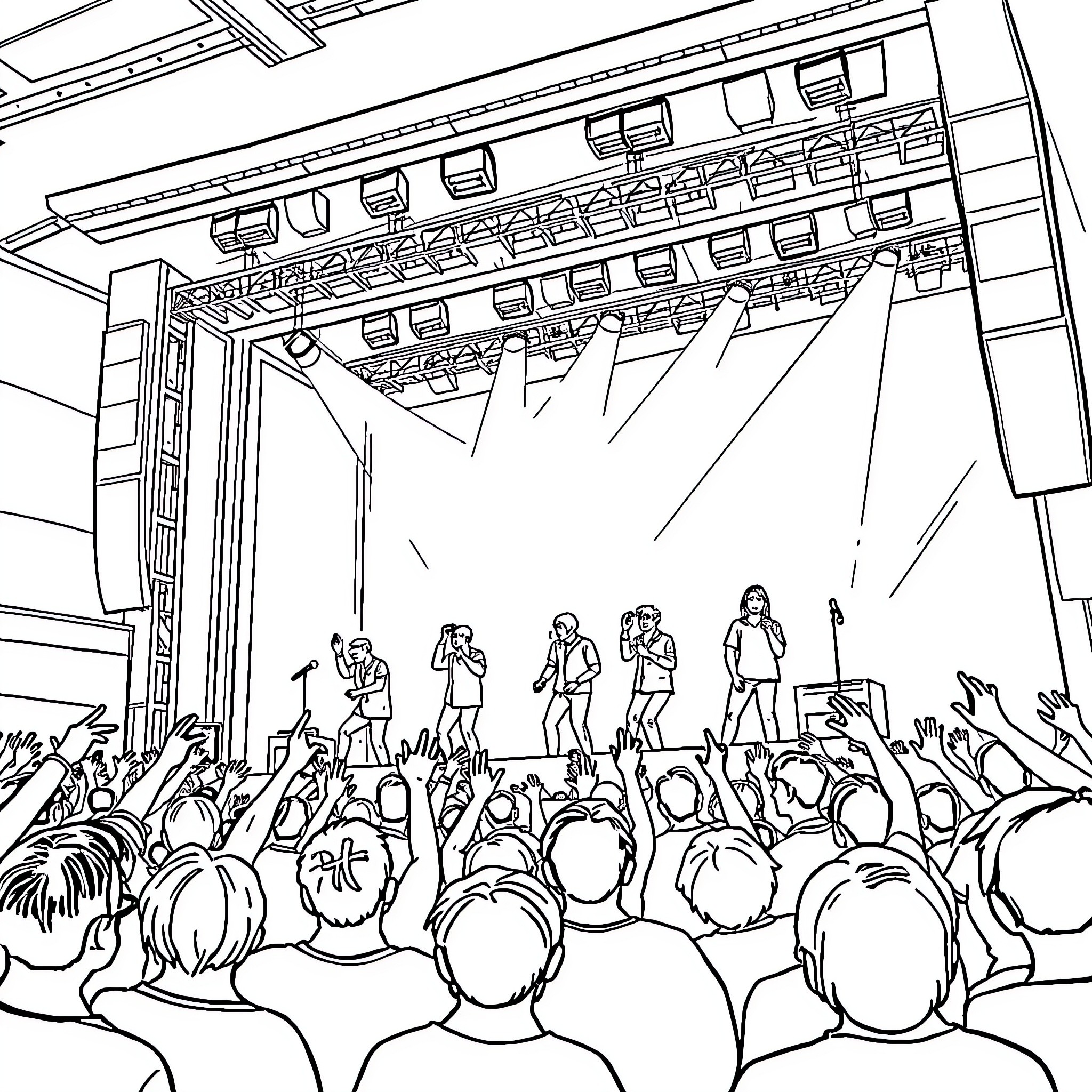 BTS Performing on Stage Before Excited Audience Coloring Page (free black-and-white line drawing printable PDF for all, from beginners to advanced learners, including children, teens, adults, and seniors)