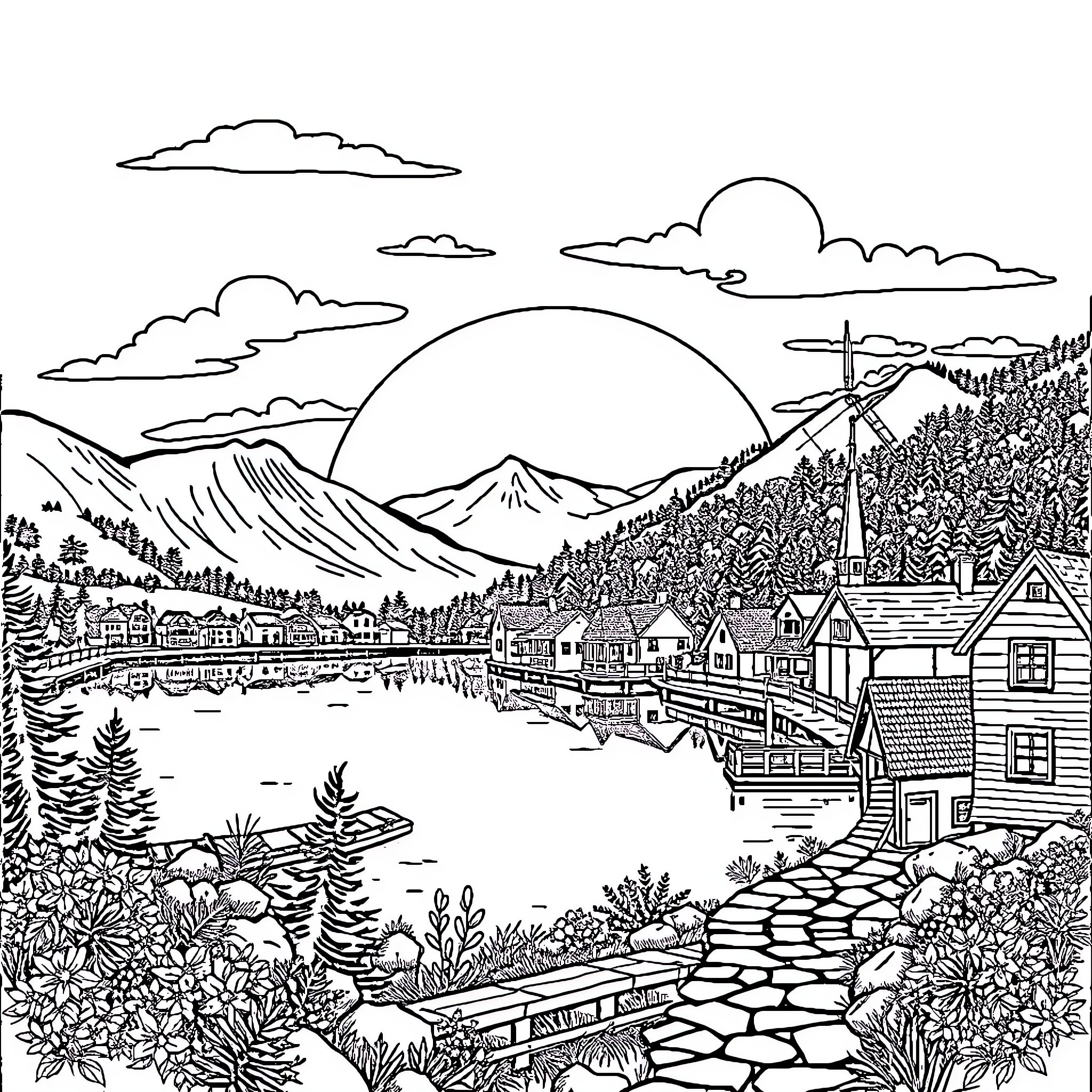 Town on the scenic mountain lake Coloring Page (free black-and-white line drawing printable PDF for all, from beginners to advanced learners, including children, teens, adults, and seniors)