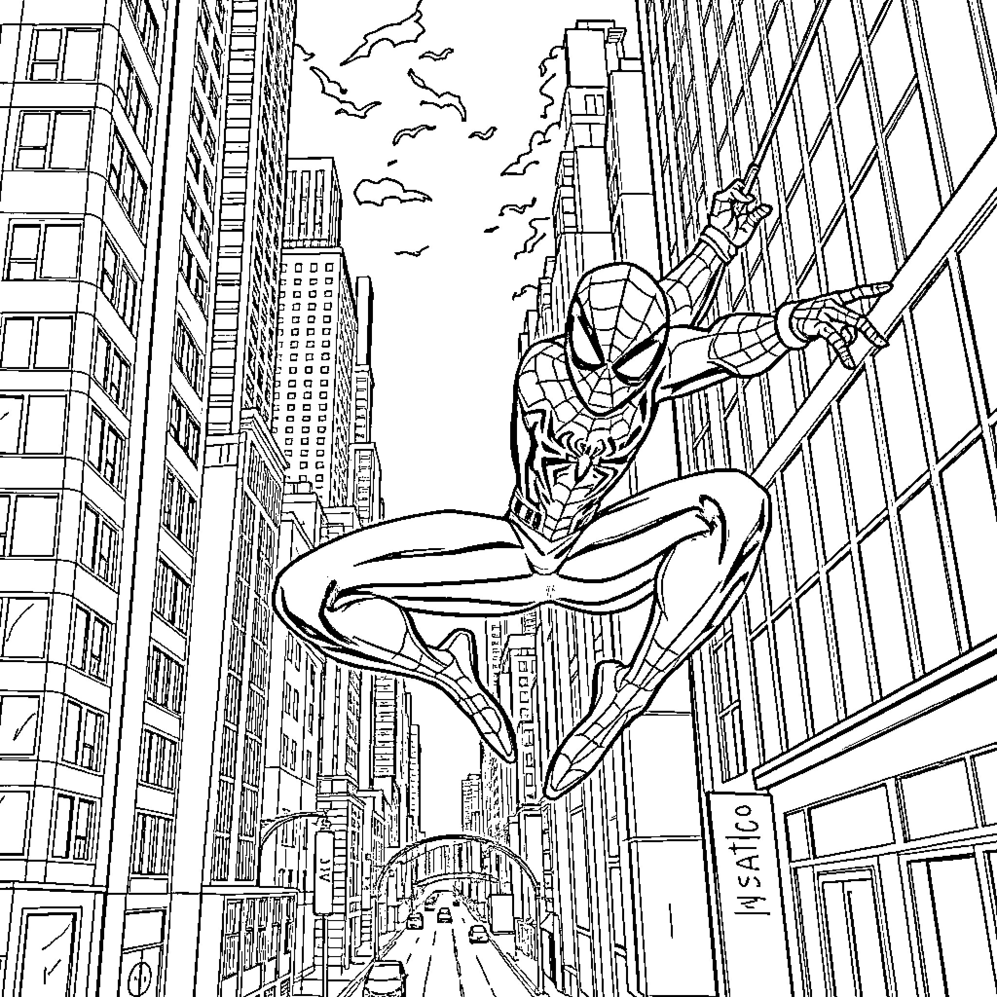 Miles Morales swinging through the city skyline Coloring Page (free black-and-white line drawing printable PDF for all, from beginners to advanced learners, including children, teens, adults, and seniors)