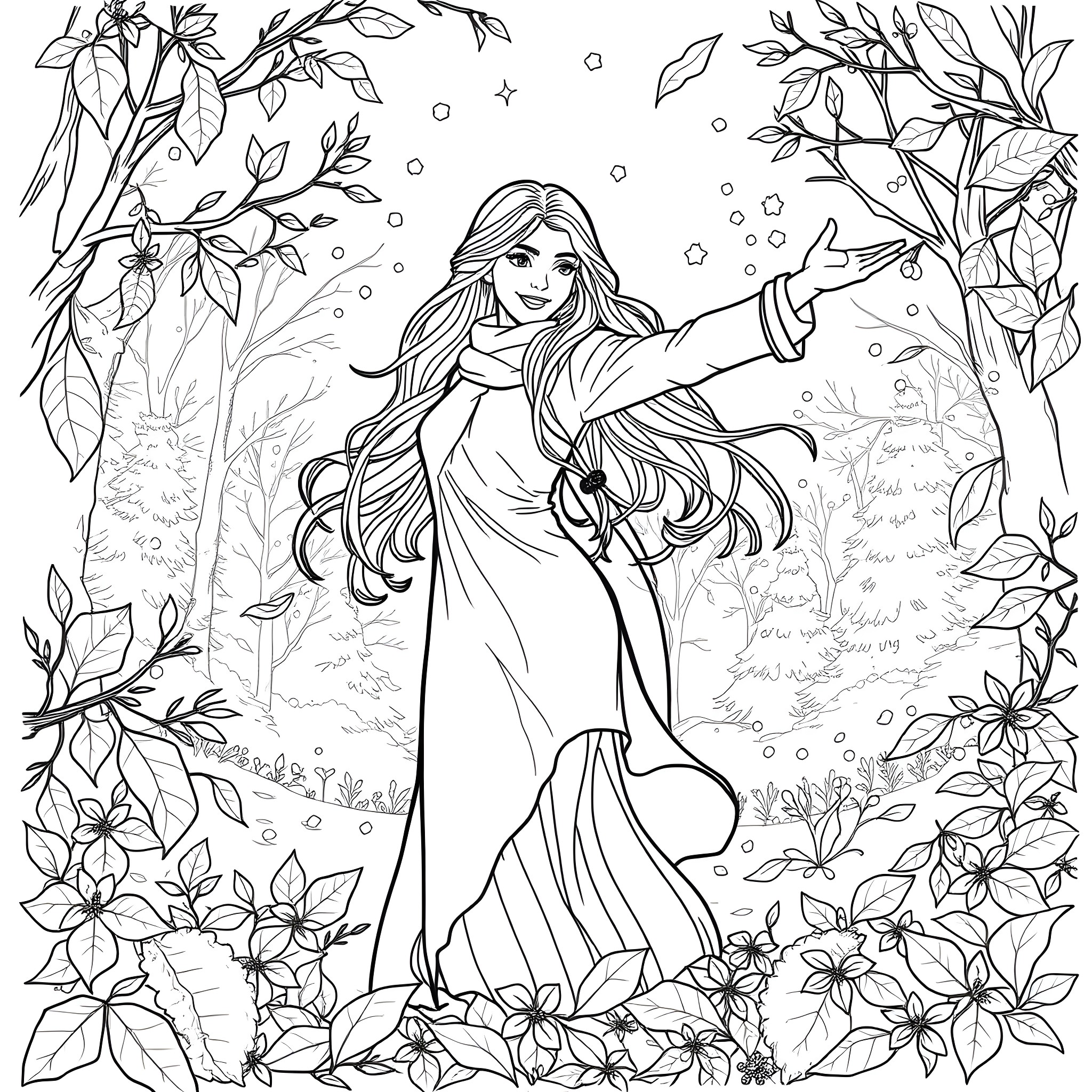 Bethany's Enchanted Forest Adventure Coloring Page (free black-and-white line drawing printable PDF for all, from beginners to advanced learners, including children, teens, adults, and seniors)
