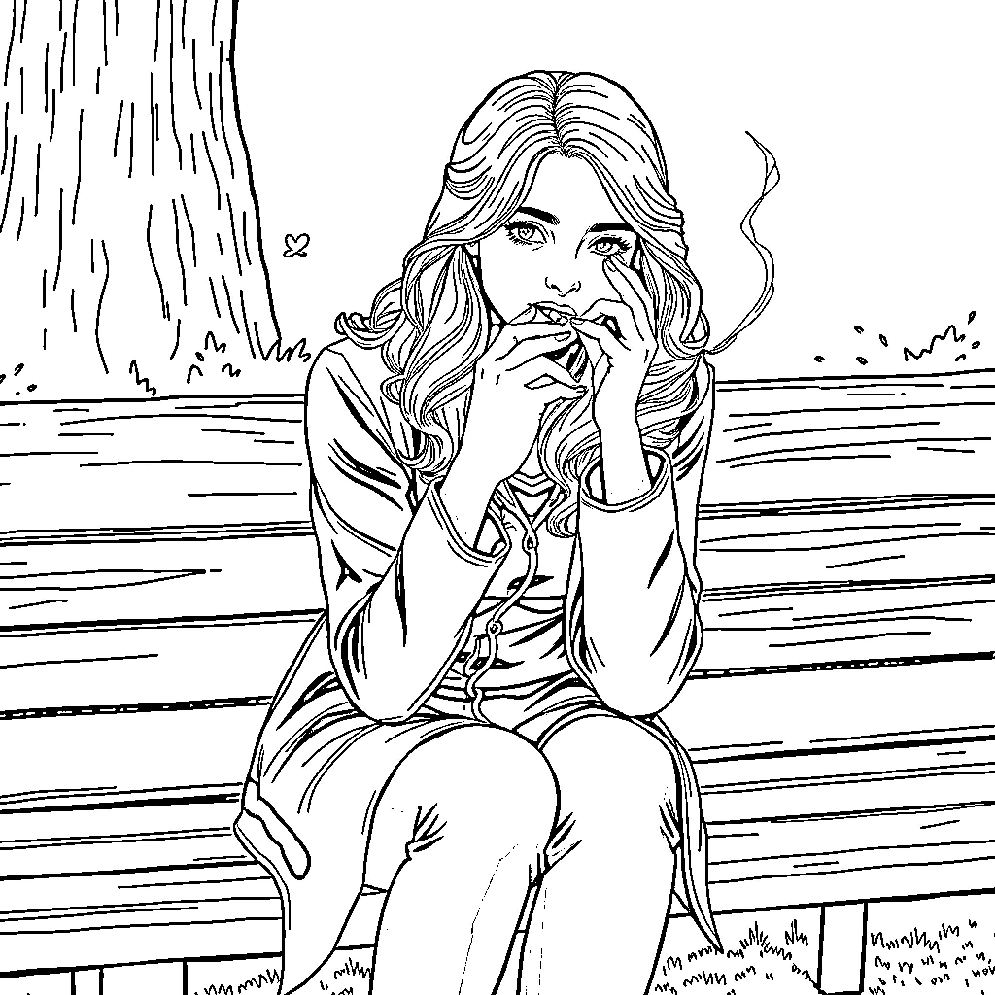 Hermione contemplates in the rain Coloring Page (free black-and-white line drawing printable PDF for all, from beginners to advanced learners, including children, teens, adults, and seniors)
