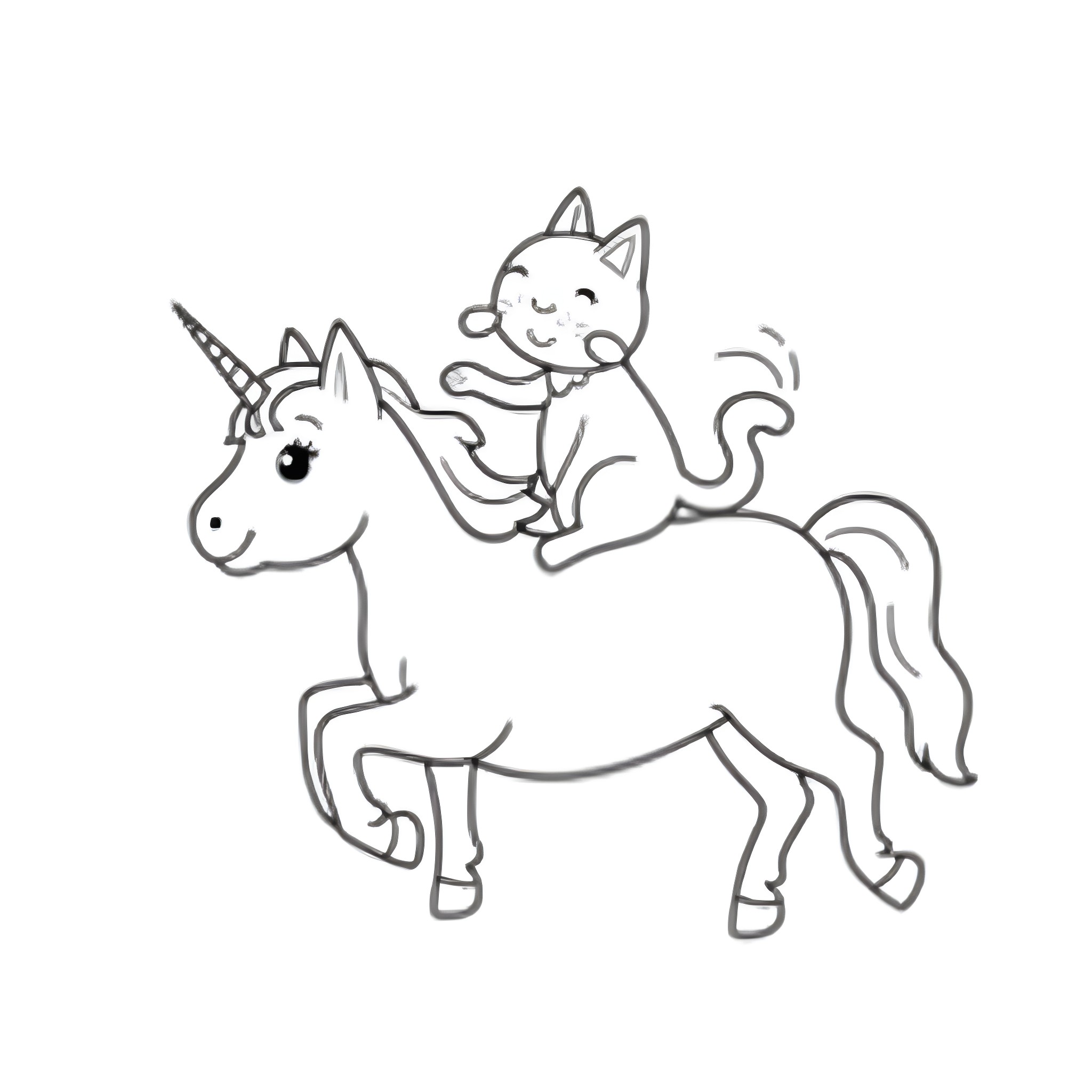 Cat riding a unicorn Coloring Page (free black-and-white line drawing printable PDF for all, from beginners to advanced learners, including children, teens, adults, and seniors)