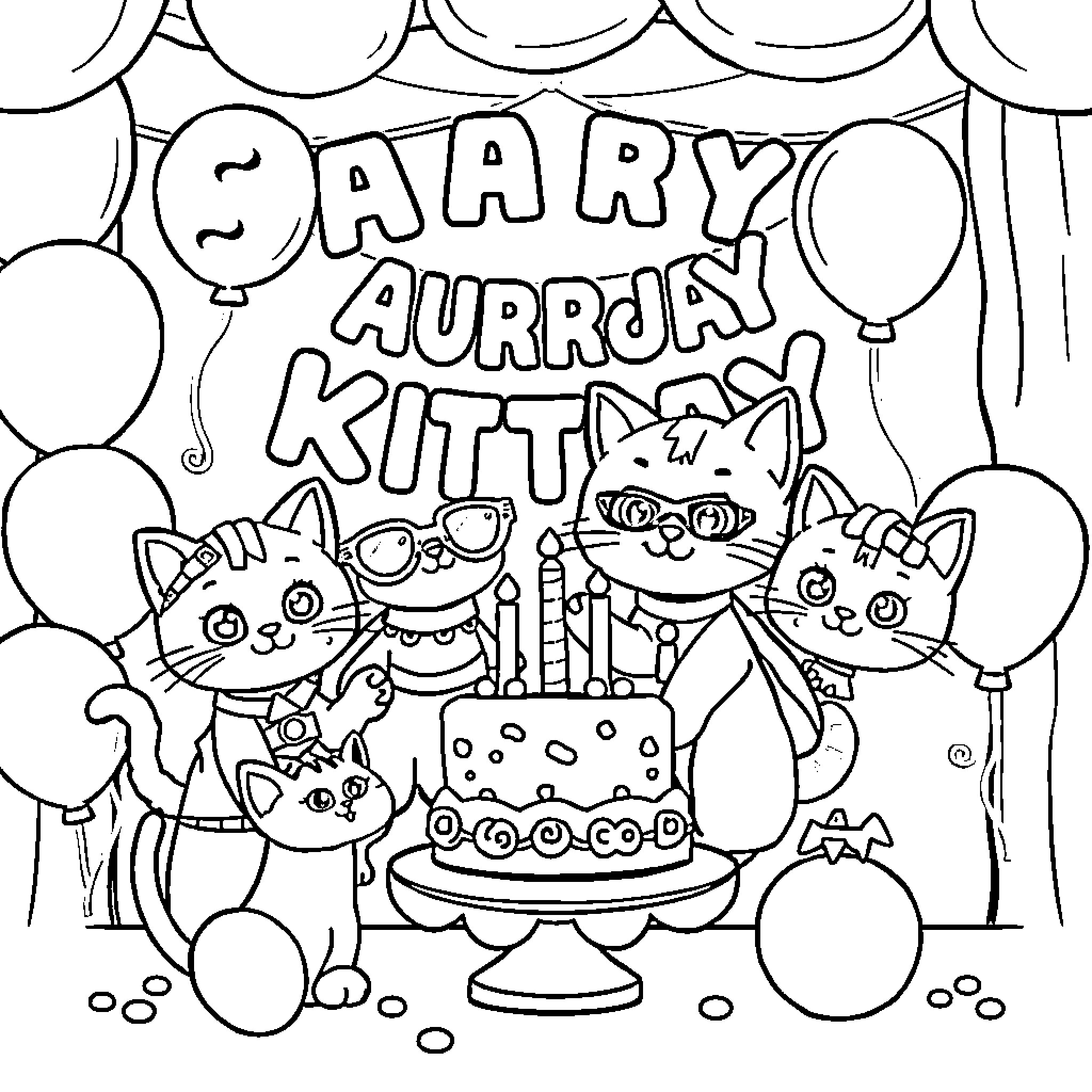 Kitty Birthday Celebration Coloring Page (free black-and-white line drawing printable PDF for all, from beginners to advanced learners, including children, teens, adults, and seniors)