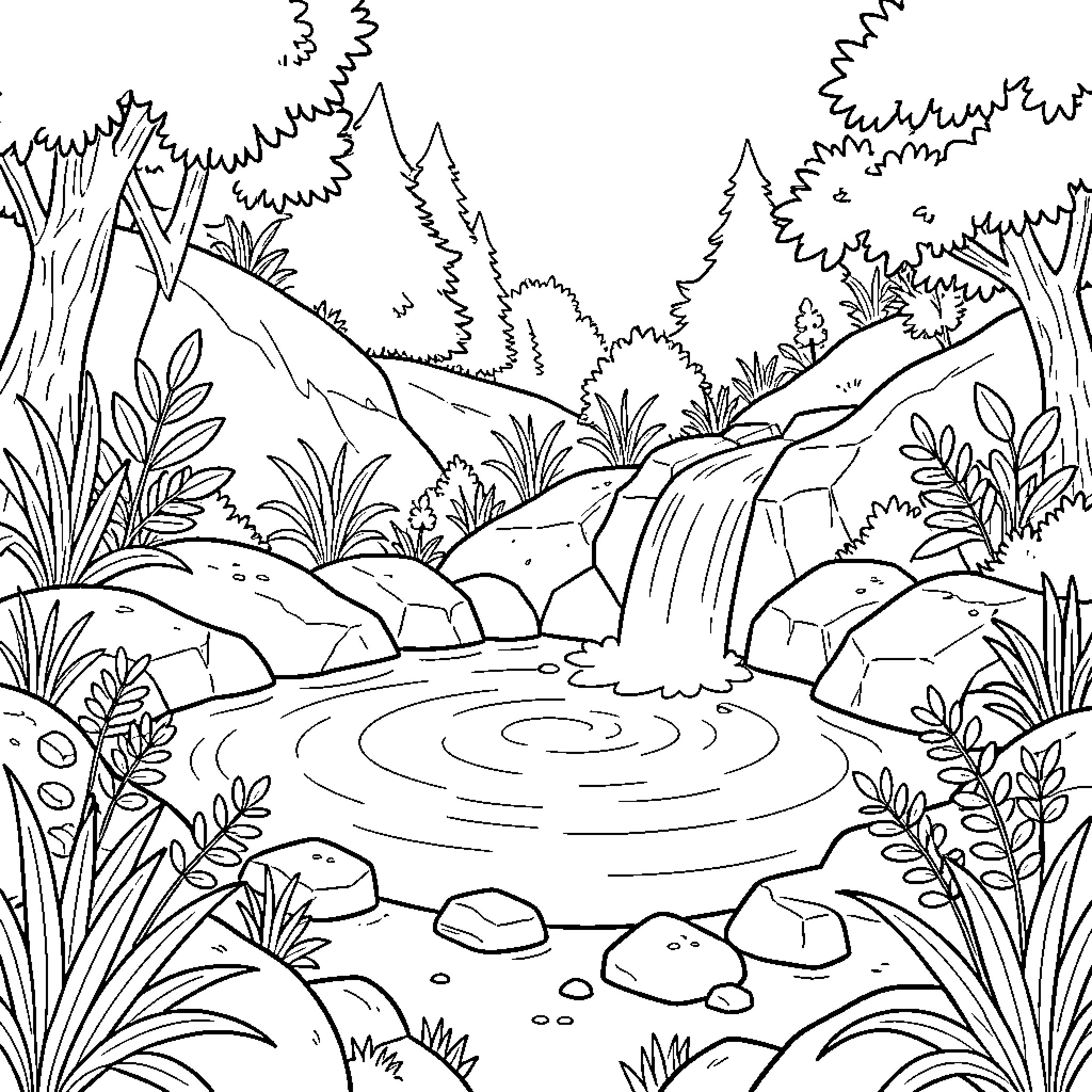 Waterfall flowing into a calm forest pool Coloring Page (free black-and-white line drawing printable PDF for all, from beginners to advanced learners, including children, teens, adults, and seniors)