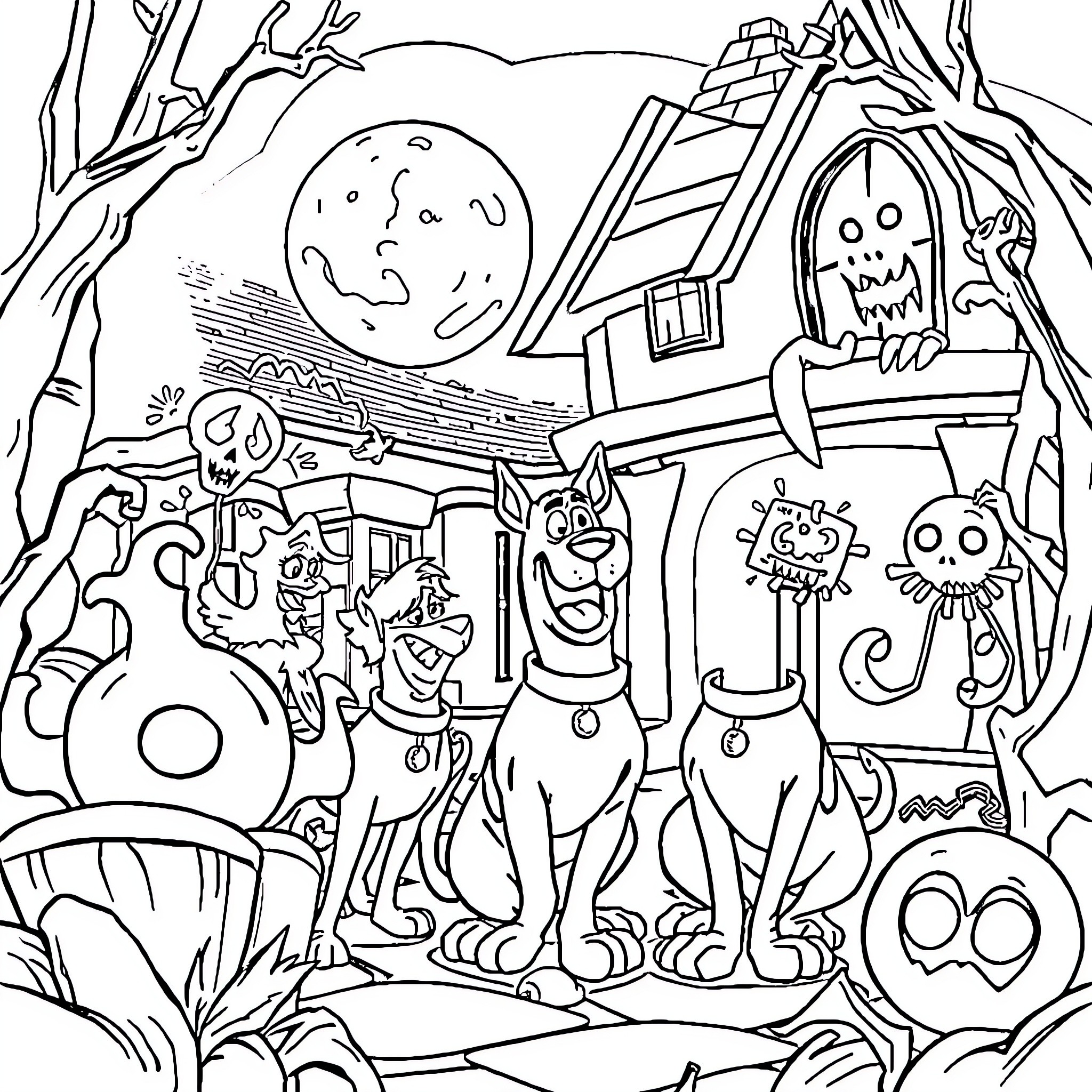 Scooby Doo and friends explore a spooky forest Coloring Page (free black-and-white line drawing printable PDF for all, from beginners to advanced learners, including children, teens, adults, and seniors)