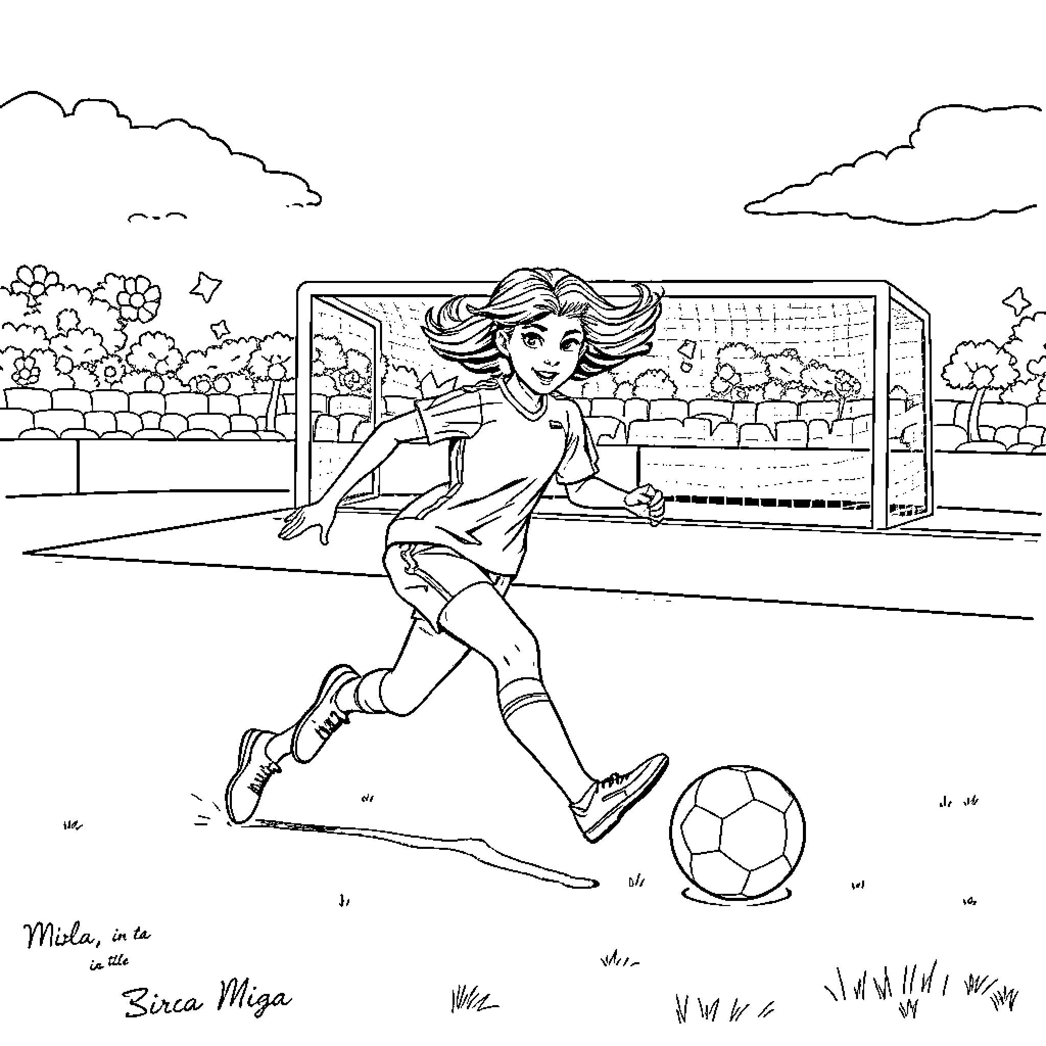 Mira, the Fierce Miya, Playing Soccer on the Field Coloring Page (free black-and-white line drawing printable PDF for all, from beginners to advanced learners, including children, teens, adults, and seniors)