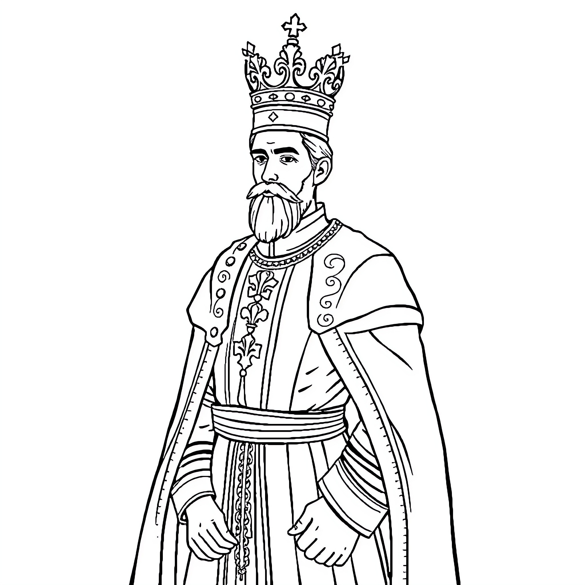Noble Ruler in Regal Attire and Crown Coloring Page (free black-and-white line drawing printable PDF for all, from beginners to advanced learners, including children, teens, adults, and seniors)
