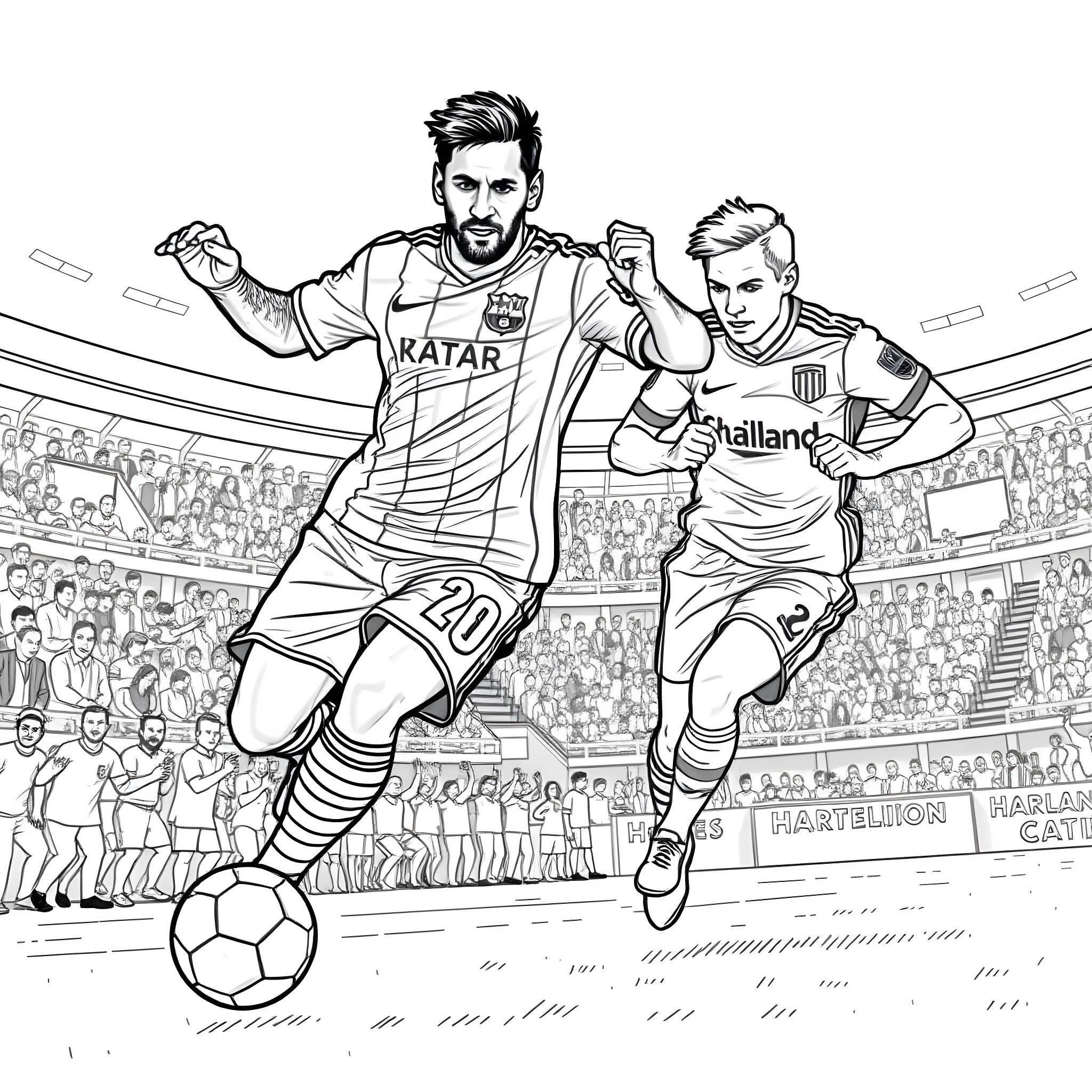 Messi and his teammate in an intense soccer match Coloring Page (free black-and-white line drawing printable PDF for all, from beginners to advanced learners, including children, teens, adults, and seniors)