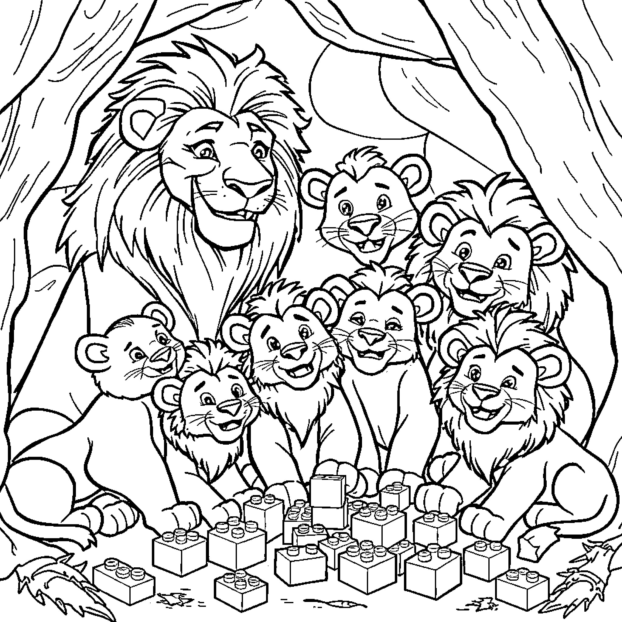 Lion family playing with blocks in the forest Coloring Page (free black-and-white line drawing printable PDF for all, from beginners to advanced learners, including children, teens, adults, and seniors)