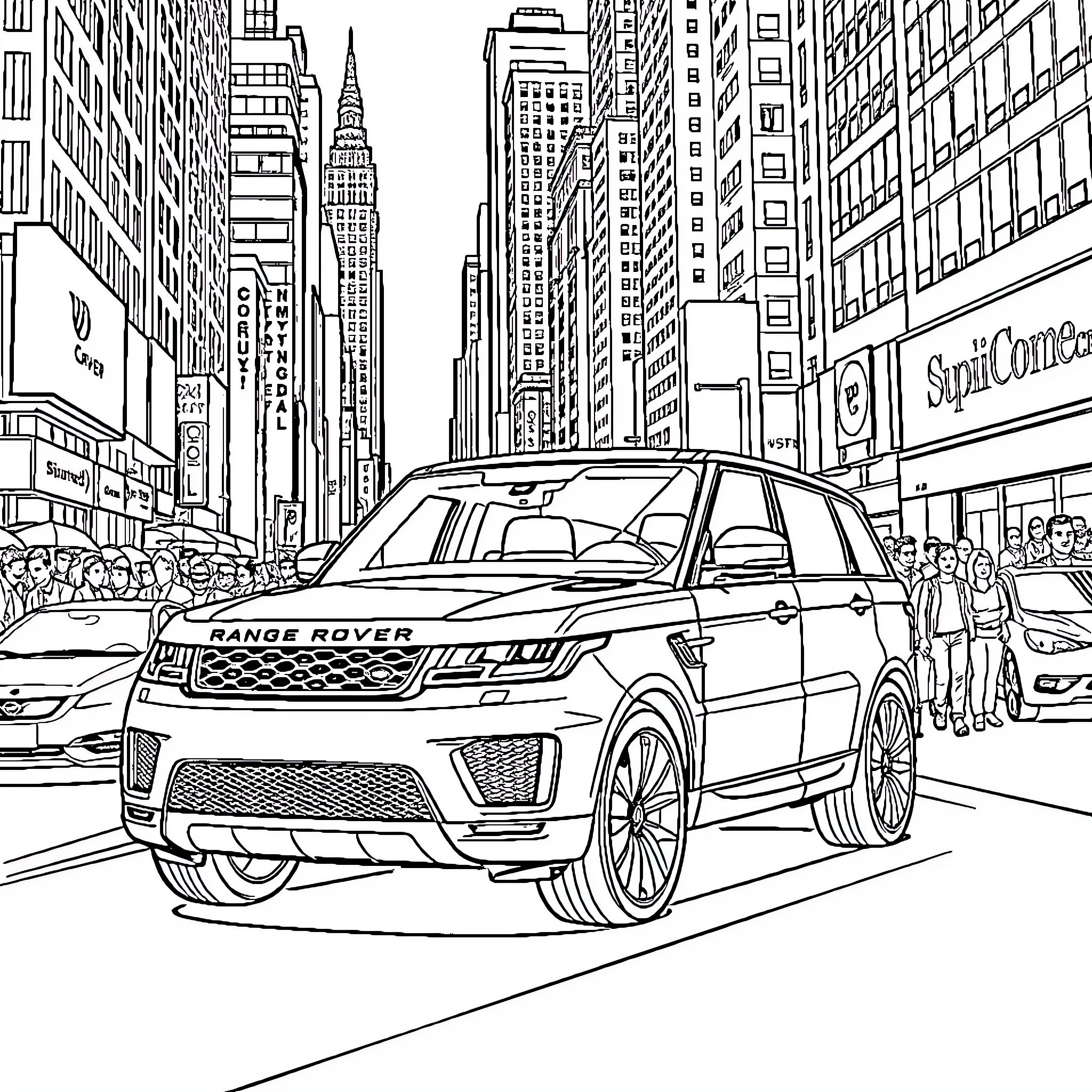 Car in a busy city street with skyscrapers Coloring Page (free black-and-white line drawing printable PDF for all, from beginners to advanced learners, including children, teens, adults, and seniors)