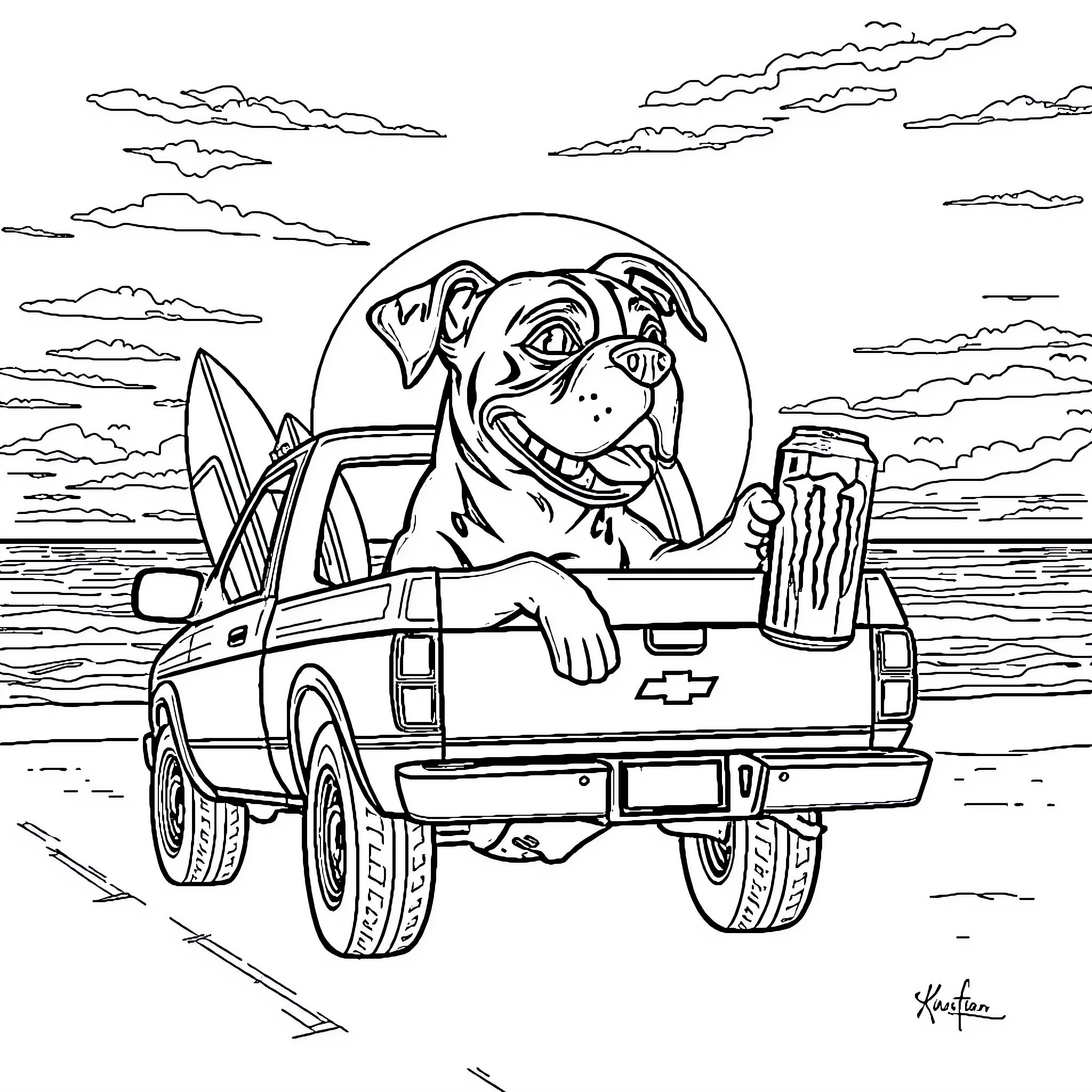 Boxer riding in pickup truck on the beach Coloring Page (free black-and-white line drawing printable PDF for all, from beginners to advanced learners, including children, teens, adults, and seniors)