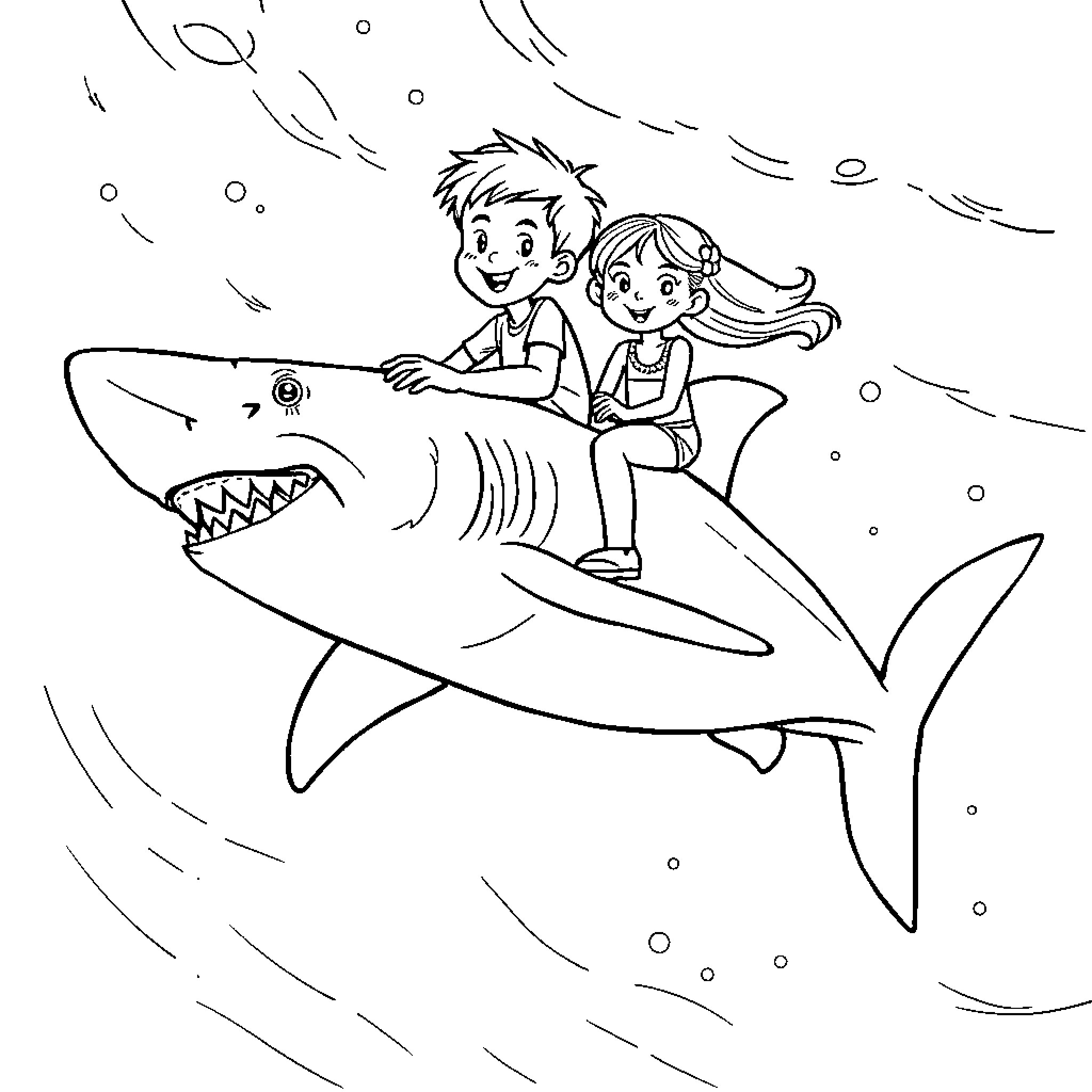 Shark Riding Adventure with Children Coloring Page (free black-and-white line drawing printable PDF for all, from beginners to advanced learners, including children, teens, adults, and seniors)