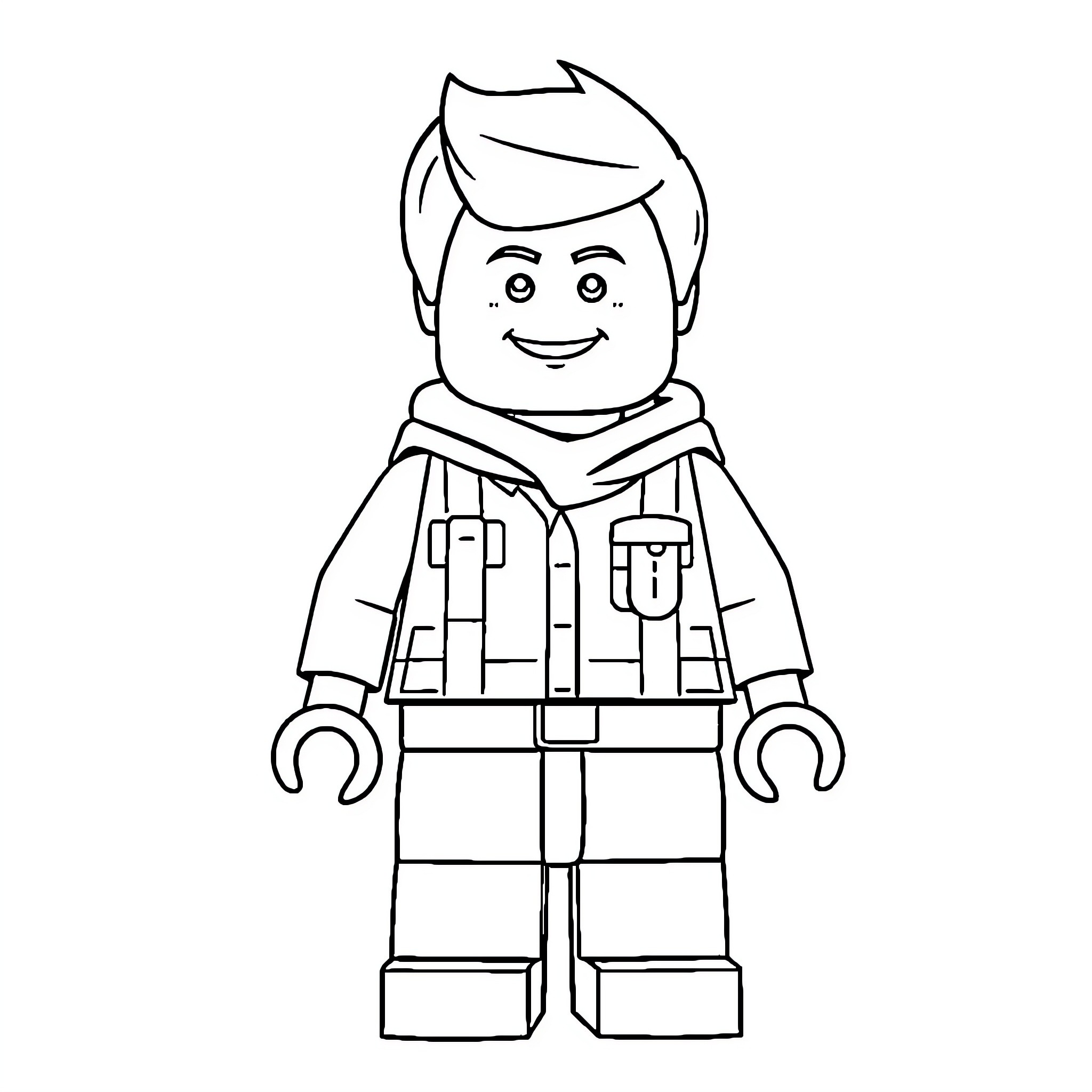 Lego character in casual outfit posing happily Coloring Page (free black-and-white line drawing printable PDF for all, from beginners to advanced learners, including children, teens, adults, and seniors)