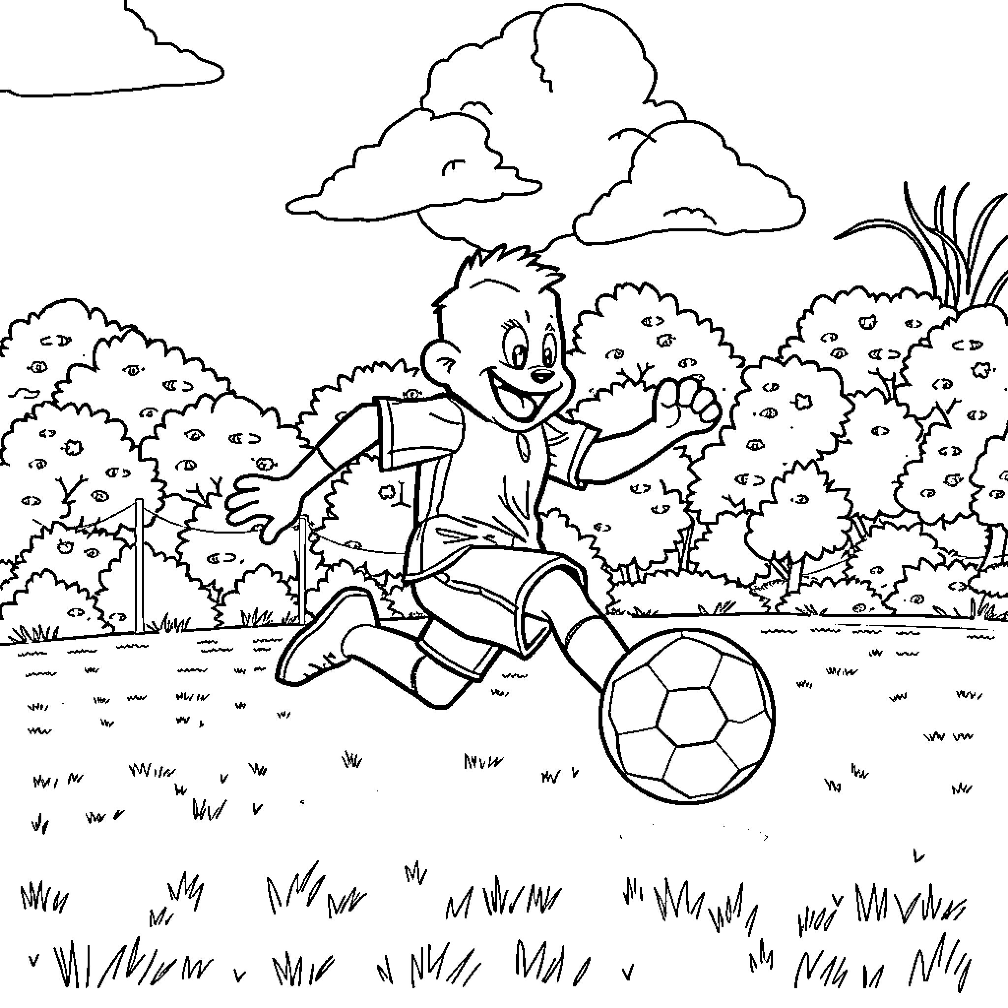 Duck playing joyfully with soccer ball in nature Coloring Page (free black-and-white line drawing printable PDF for all, from beginners to advanced learners, including children, teens, adults, and seniors)