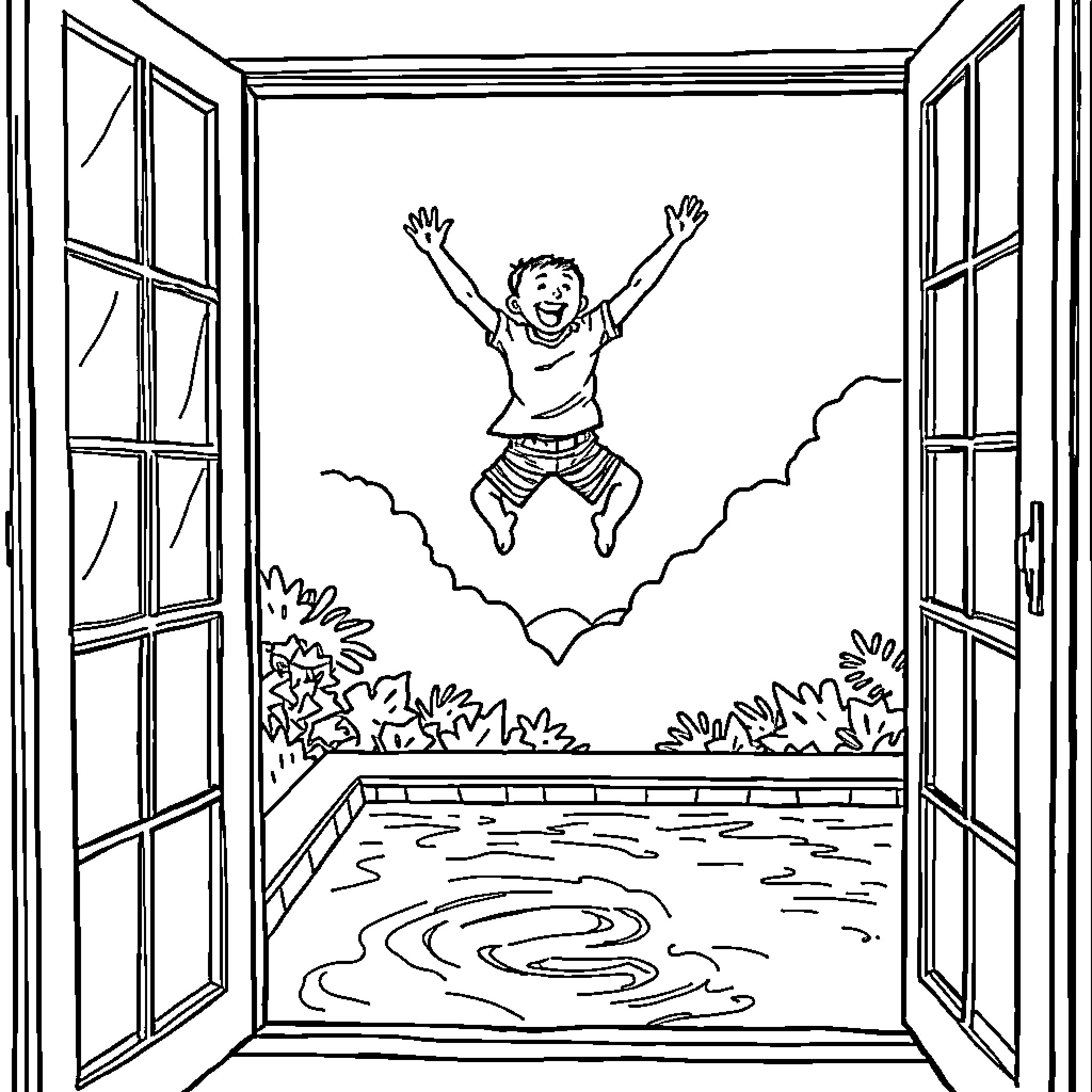 Person jumping happily out of a window Coloring Page (free black-and-white line drawing printable PDF for all, from beginners to advanced learners, including children, teens, adults, and seniors)