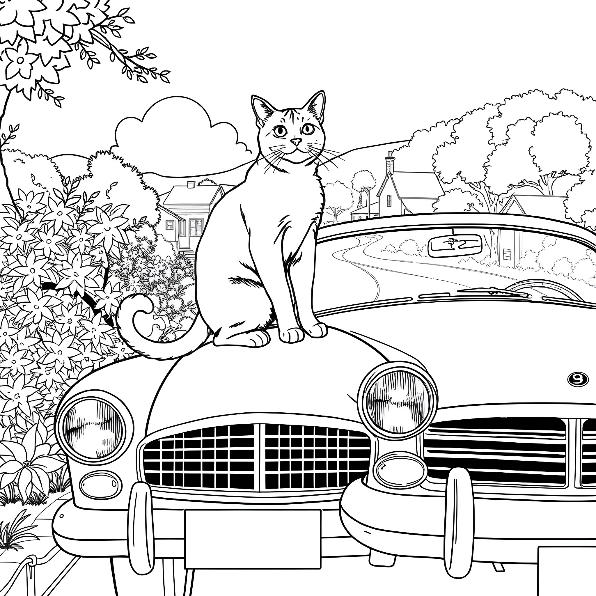 Cat sitting on a vintage car in a garden Coloring Page (free black-and-white line drawing printable PDF for all, from beginners to advanced learners, including children, teens, adults, and seniors)