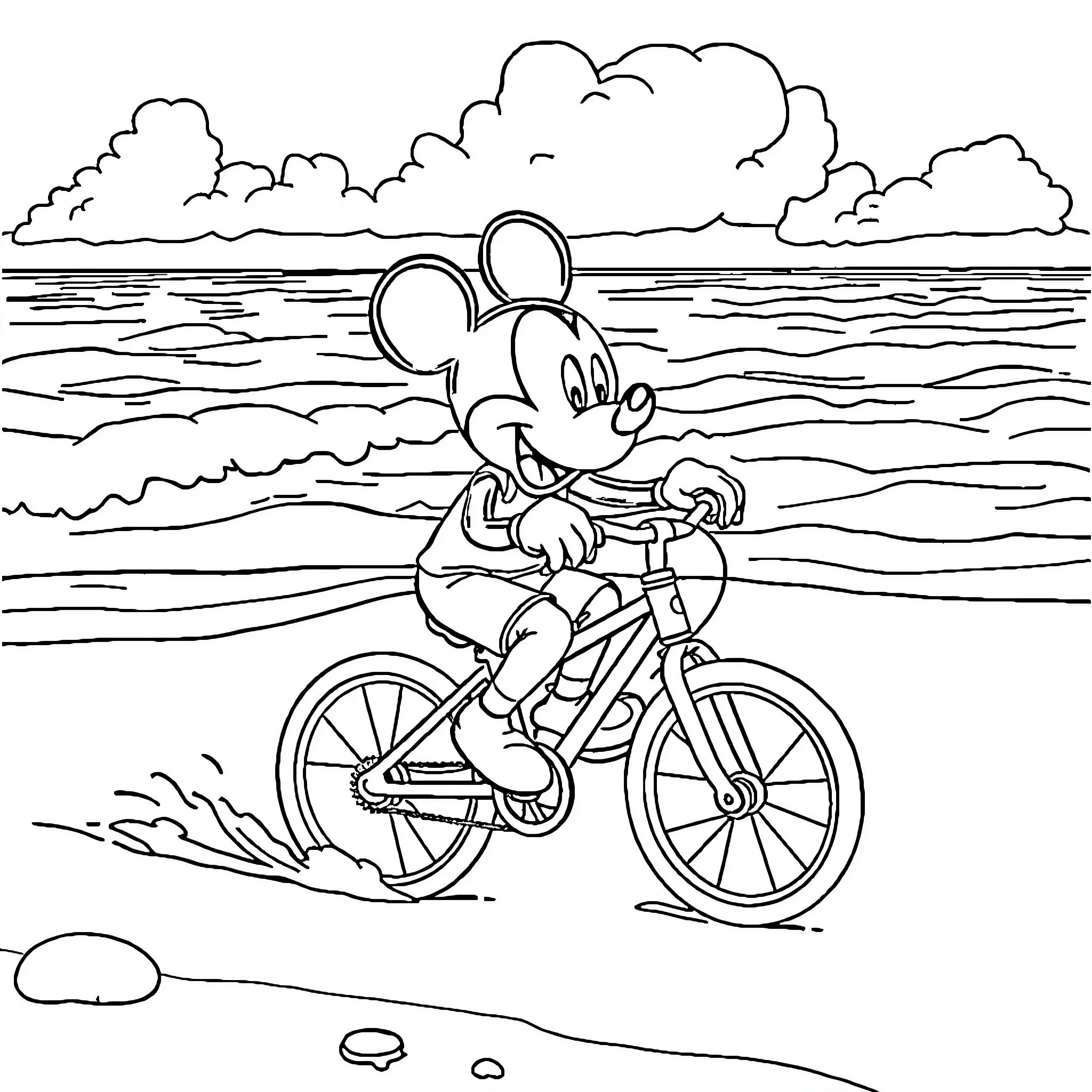 Mickey Mouse riding a bicycle on the beach Coloring Page (free black-and-white line drawing printable PDF for all, from beginners to advanced learners, including children, teens, adults, and seniors)