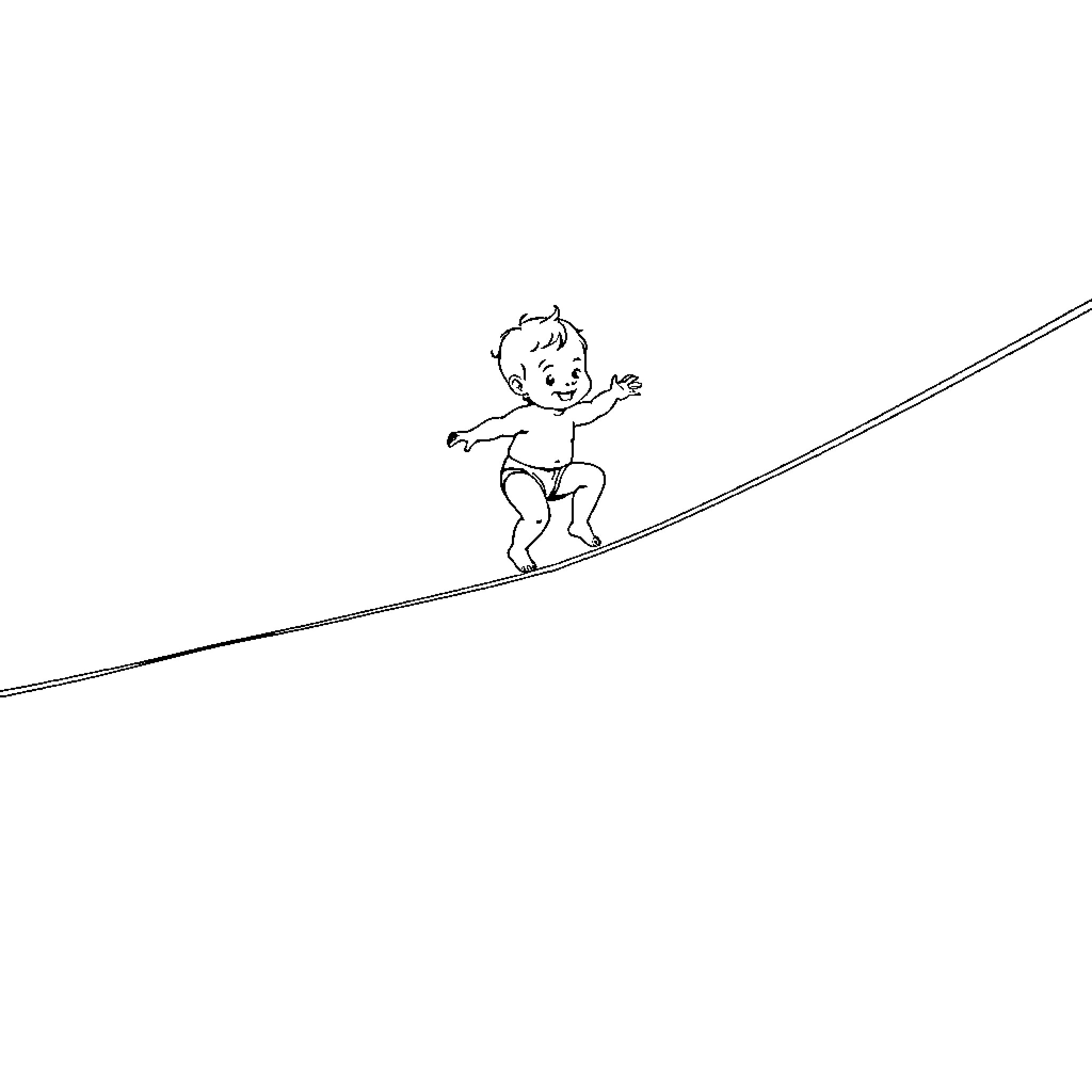 Baby balancing on a tightrope Coloring Page (free black-and-white line drawing printable PDF for all, from beginners to advanced learners, including children, teens, adults, and seniors)