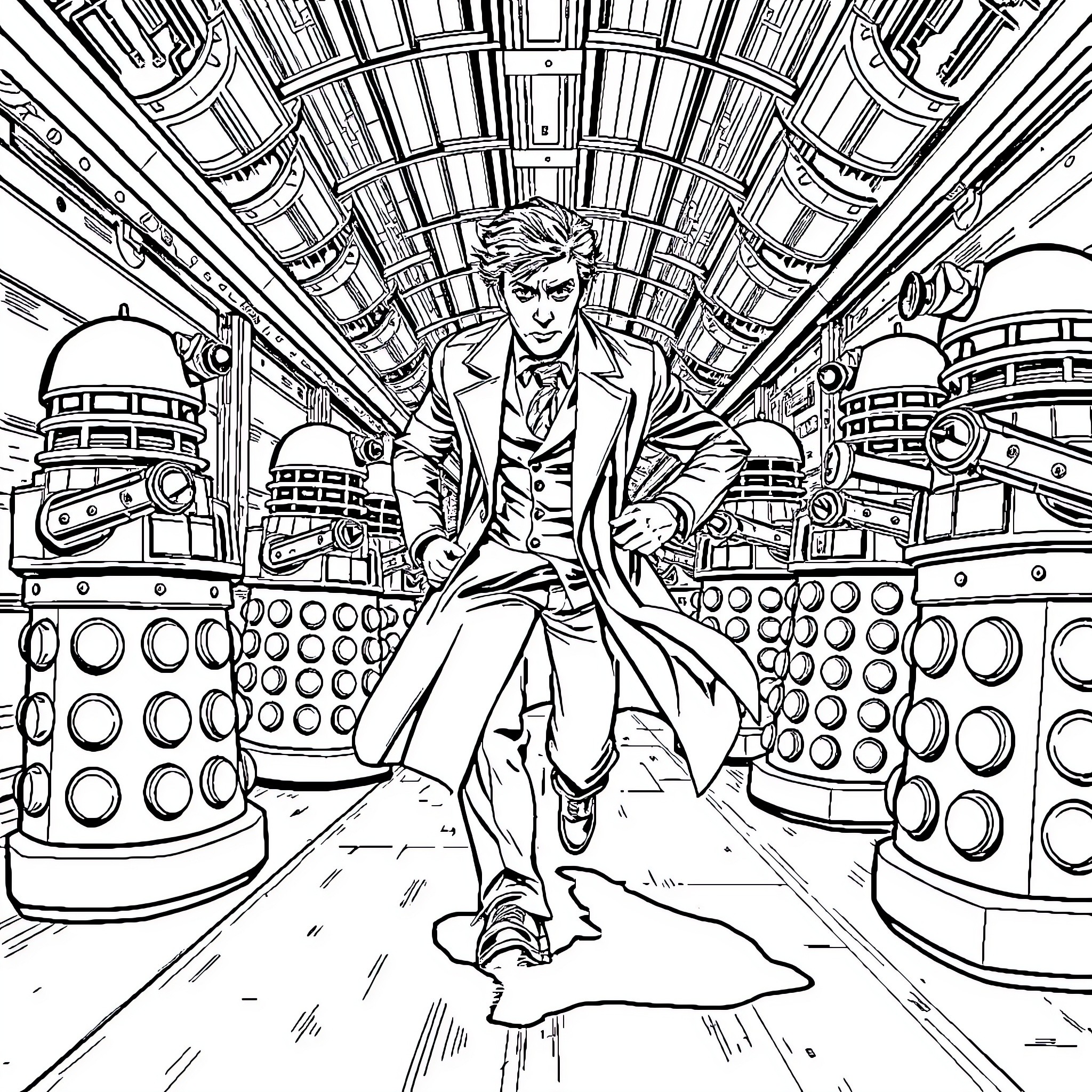 Doctor Examining Mysterious Devices in Futuristic Setting Coloring Page (free black-and-white line drawing printable PDF for all, from beginners to advanced learners, including children, teens, adults, and seniors)