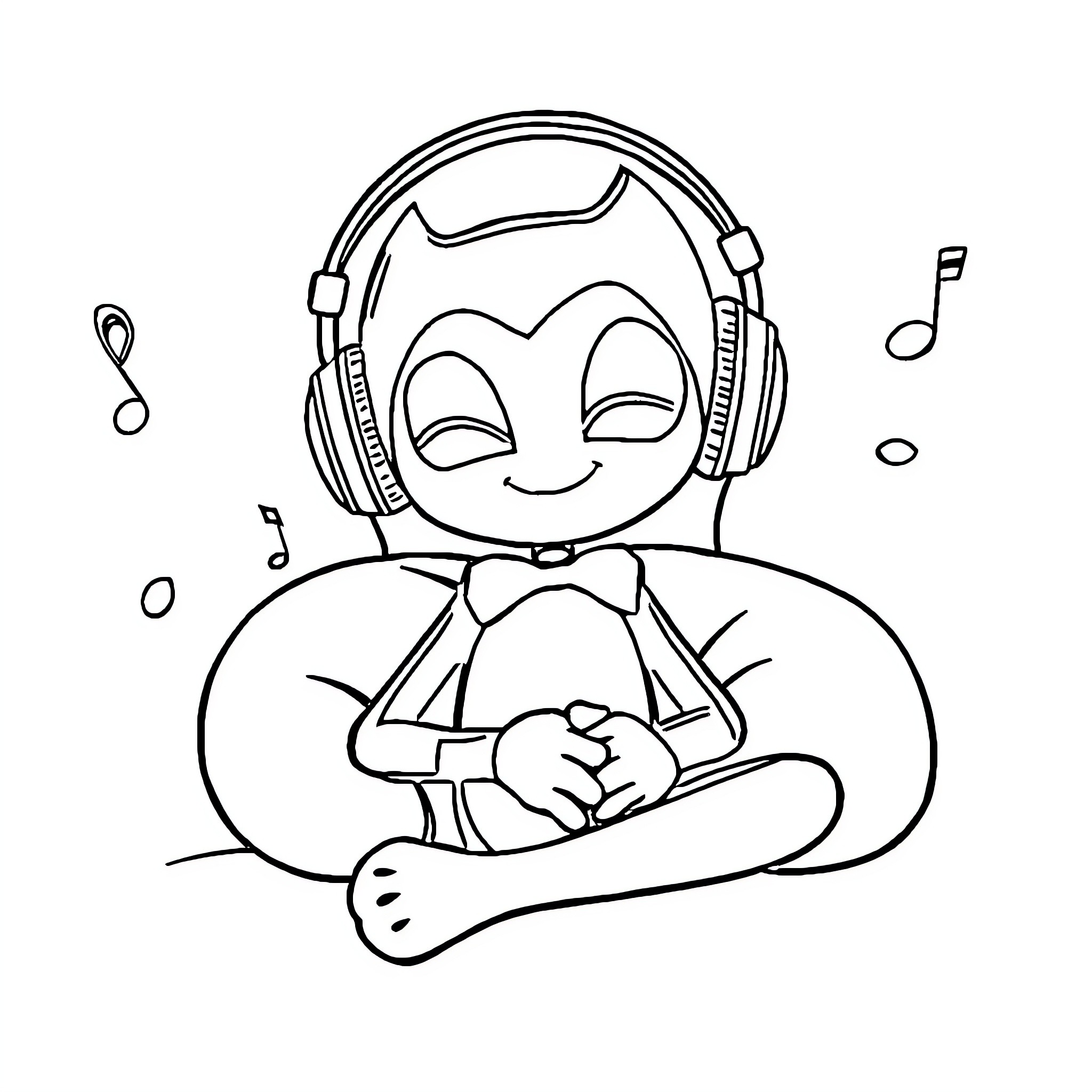 Bendy character listening to music with headphones Coloring Page (free black-and-white line drawing printable PDF for all, from beginners to advanced learners, including children, teens, adults, and seniors)