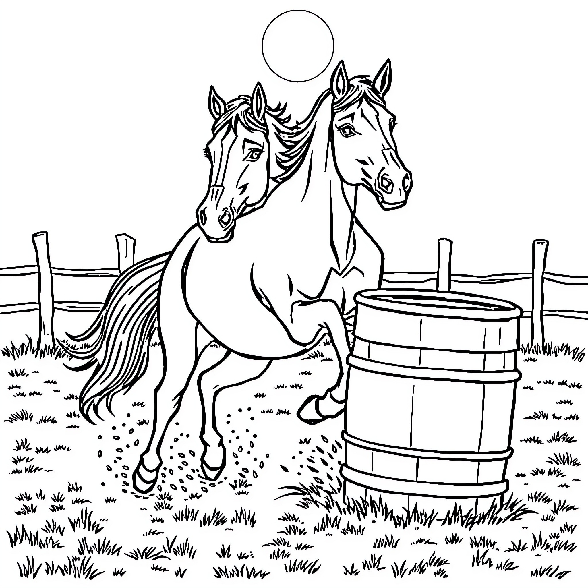 Horse playing in a pastoral scene with a barrel Coloring Page (free black-and-white line drawing printable PDF for all, from beginners to advanced learners, including children, teens, adults, and seniors)