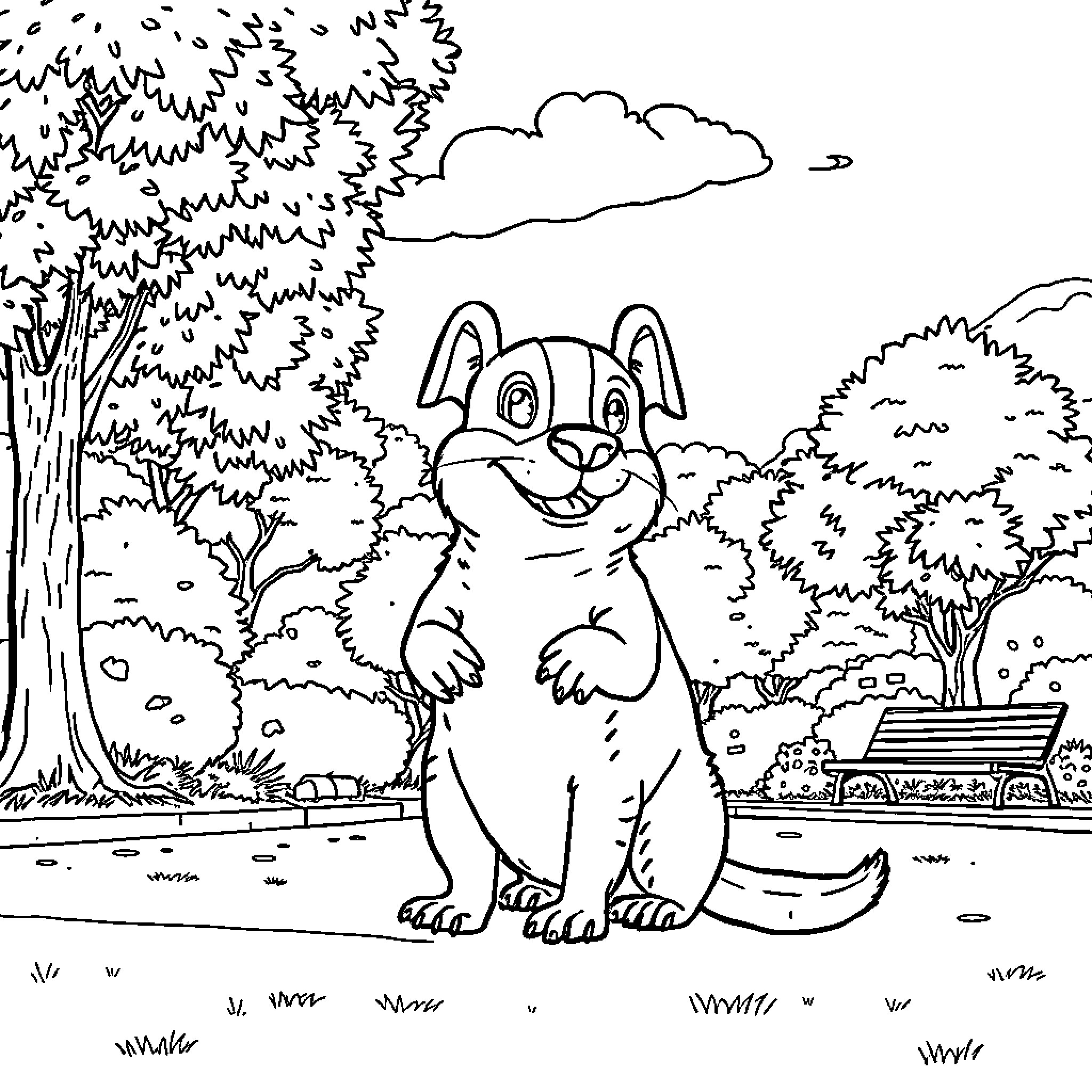 Perro Salchicha sitting happily in the park Coloring Page (free black-and-white line drawing printable PDF for all, from beginners to advanced learners, including children, teens, adults, and seniors)
