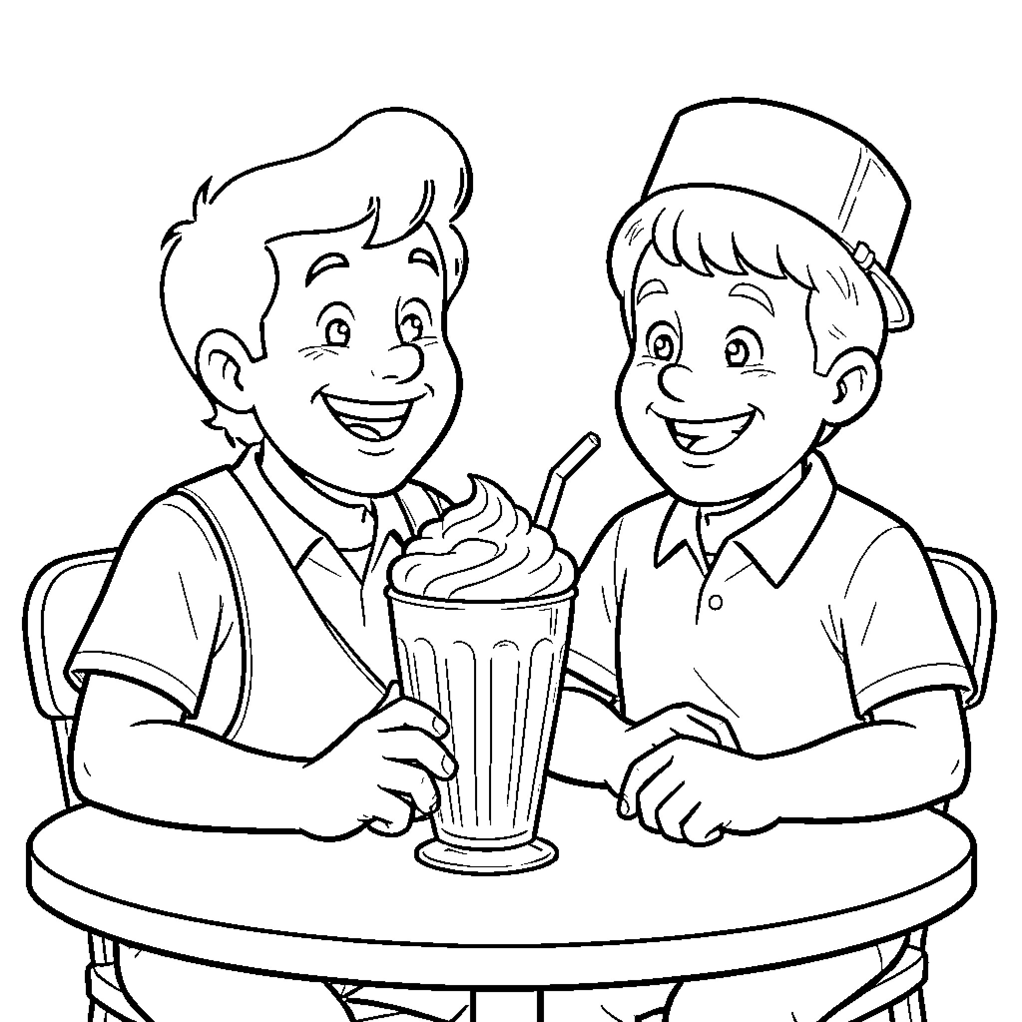 Archie and Buddy Enjoying Milkshakes Coloring Page (free black-and-white line drawing printable PDF for all, from beginners to advanced learners, including children, teens, adults, and seniors)