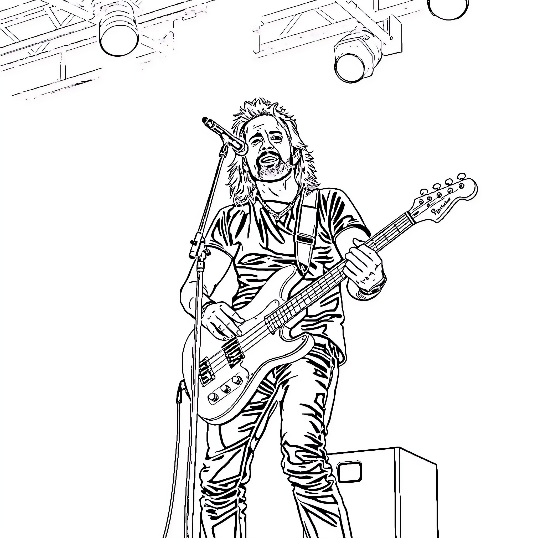 Tom Kaulitz performing on stage with guitar Coloring Page (free black-and-white line drawing printable PDF for all, from beginners to advanced learners, including children, teens, adults, and seniors)