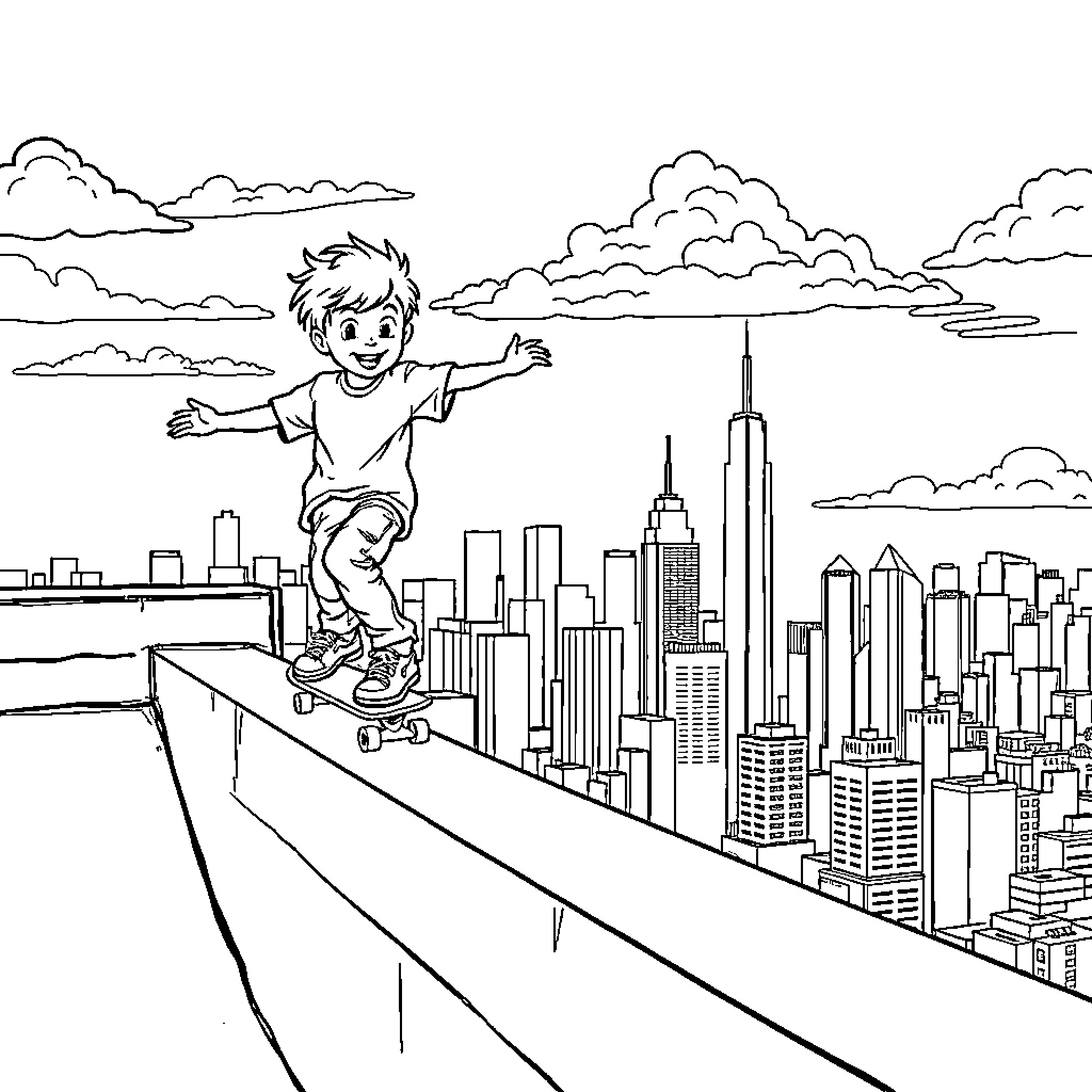 Kid skateboarding on the edge of the city Coloring Page (free black-and-white line drawing printable PDF for all, from beginners to advanced learners, including children, teens, adults, and seniors)
