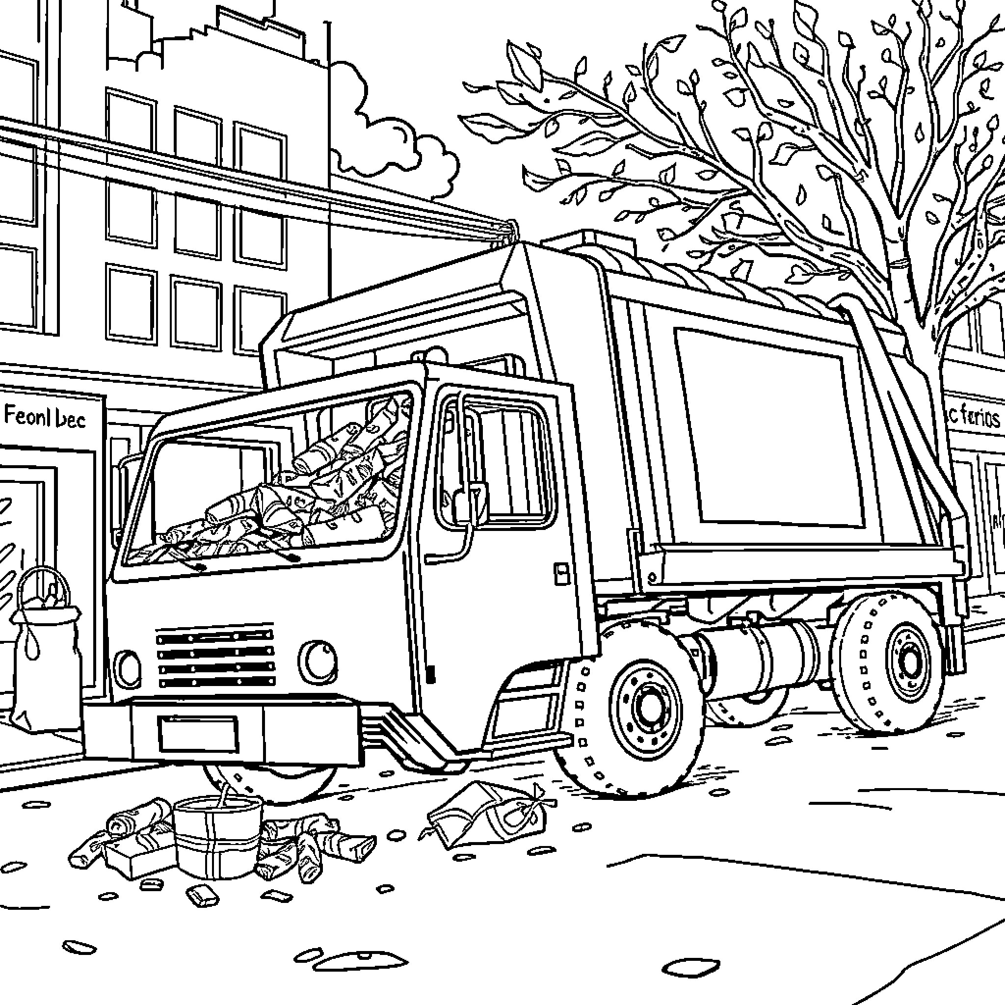 Garbage Truck Collecting Waste in the City Street Coloring Page (free black-and-white line drawing printable PDF for all, from beginners to advanced learners, including children, teens, adults, and seniors)