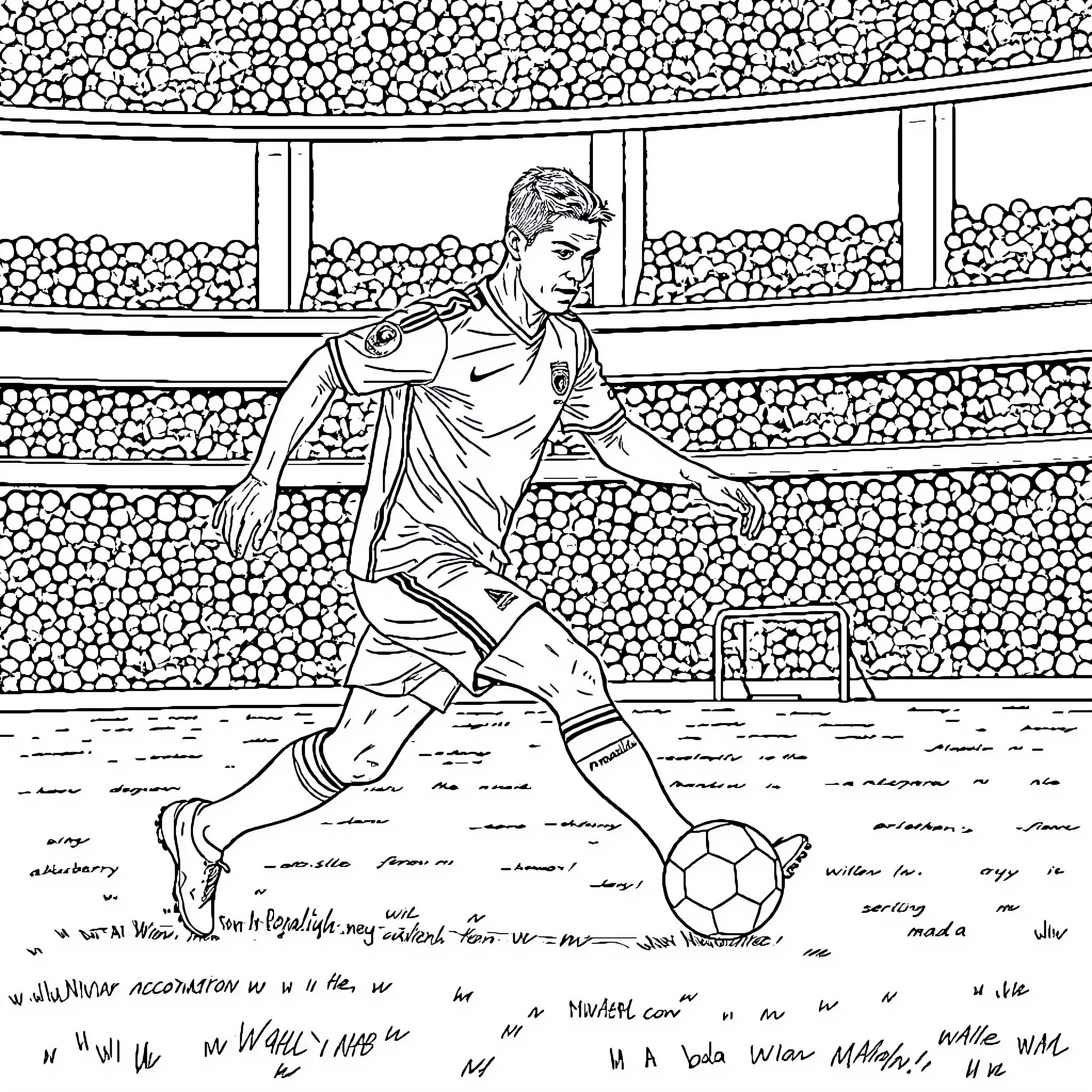 Ronaldo's Dynamic Soccer Maneuvers on the Field Coloring Page (free black-and-white line drawing printable PDF for all, from beginners to advanced learners, including children, teens, adults, and seniors)