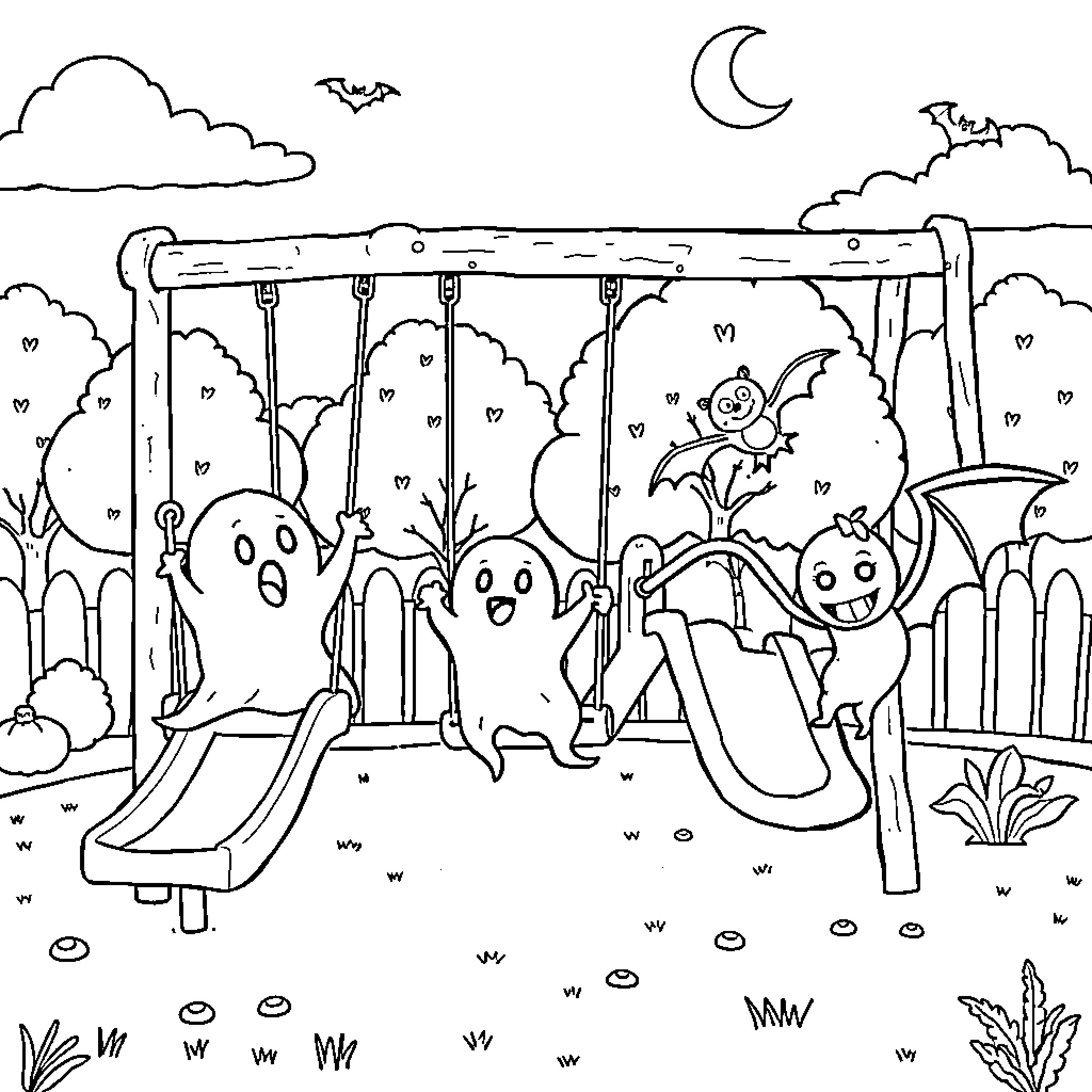 Ghost characters playing on playground at night Coloring Page (free black-and-white line drawing printable PDF for all, from beginners to advanced learners, including children, teens, adults, and seniors)