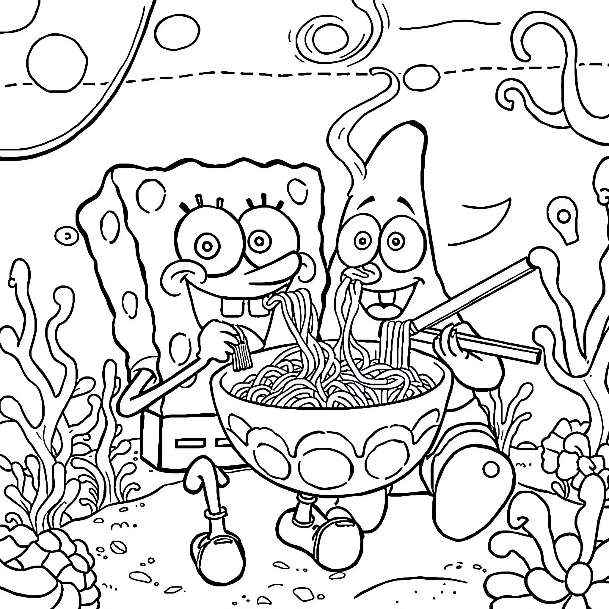 Spongebob and Patrick enjoy a delightful seafood feast Coloring Page (free black-and-white line drawing printable PDF for all, from beginners to advanced learners, including children, teens, adults, and seniors)