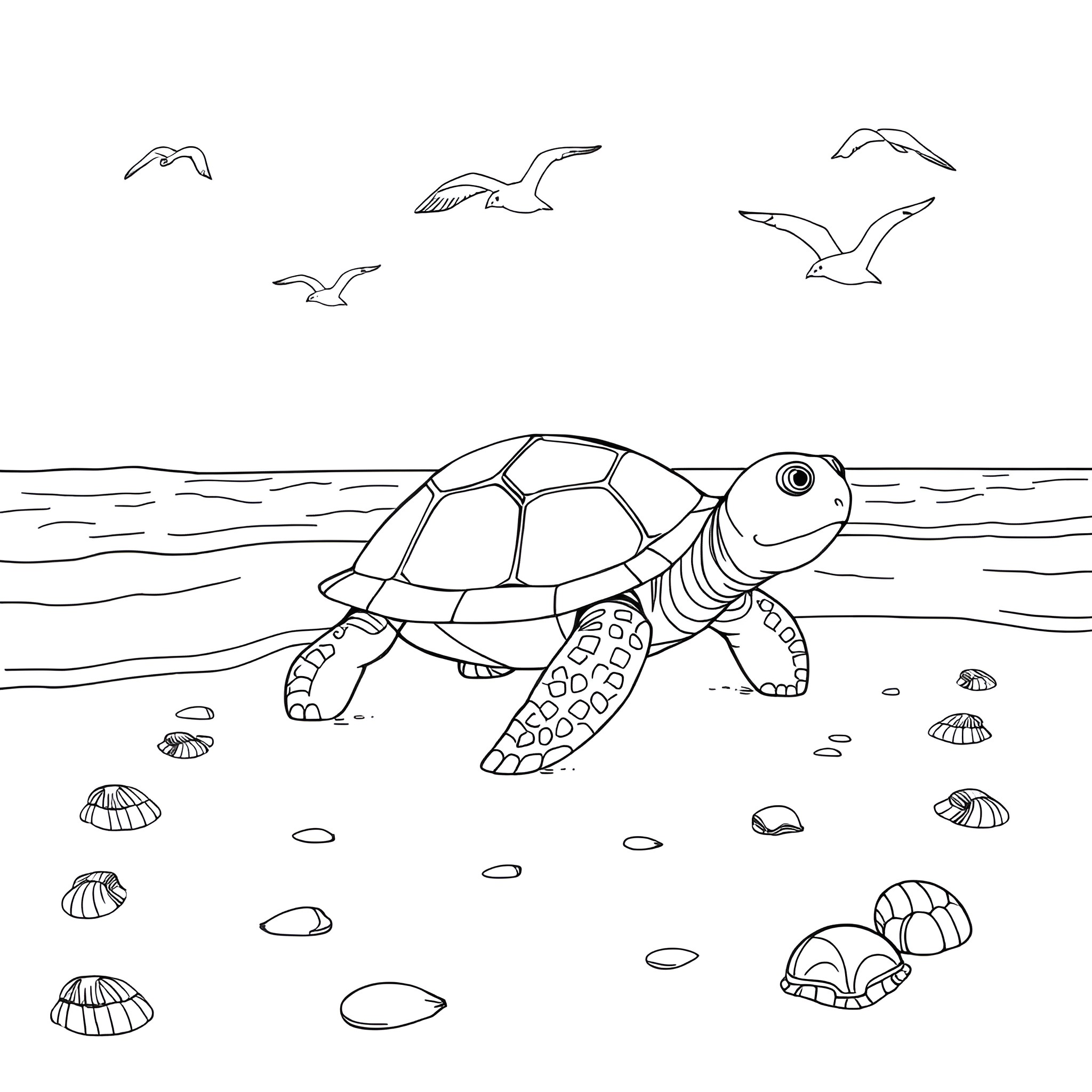 Turtle swimming in the ocean with seagulls overhead Coloring Page (free black-and-white line drawing printable PDF for all, from beginners to advanced learners, including children, teens, adults, and seniors)