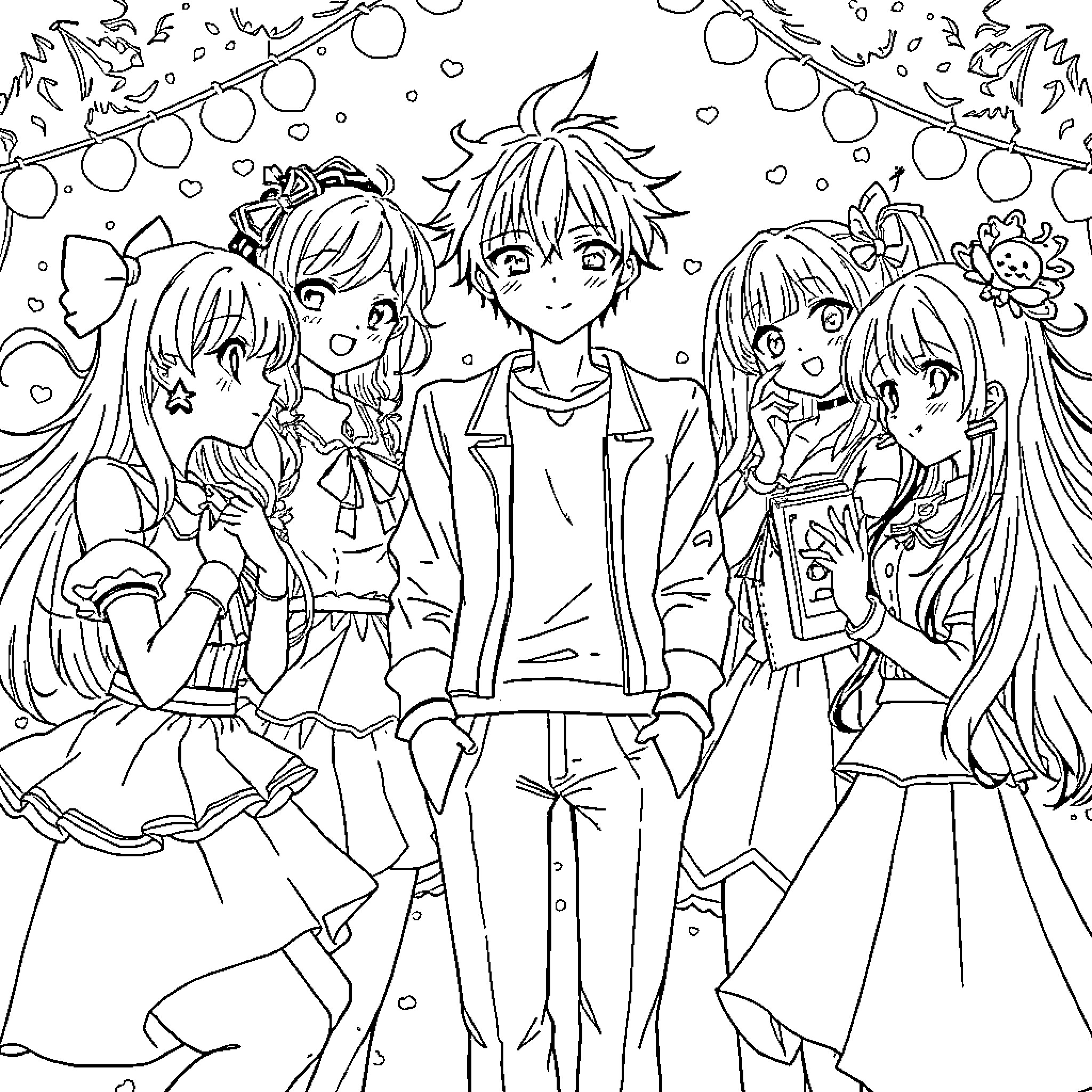 Anime Girl Group Posing in Festive Attire Coloring Page (free black-and-white line drawing printable PDF for all, from beginners to advanced learners, including children, teens, adults, and seniors)