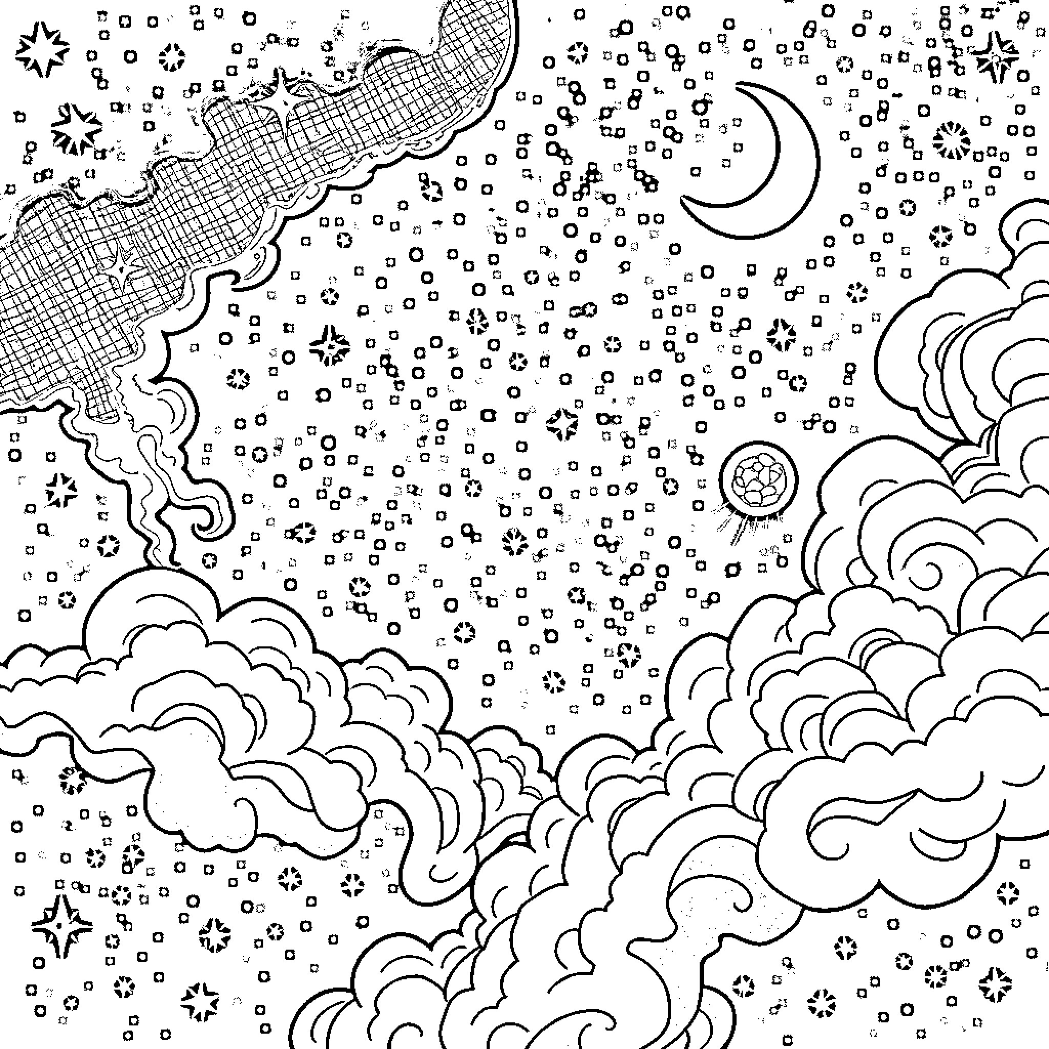 Galaxy Nightscape with Celestial Elements Coloring Page (free black-and-white line drawing printable PDF for all, from beginners to advanced learners, including children, teens, adults, and seniors)