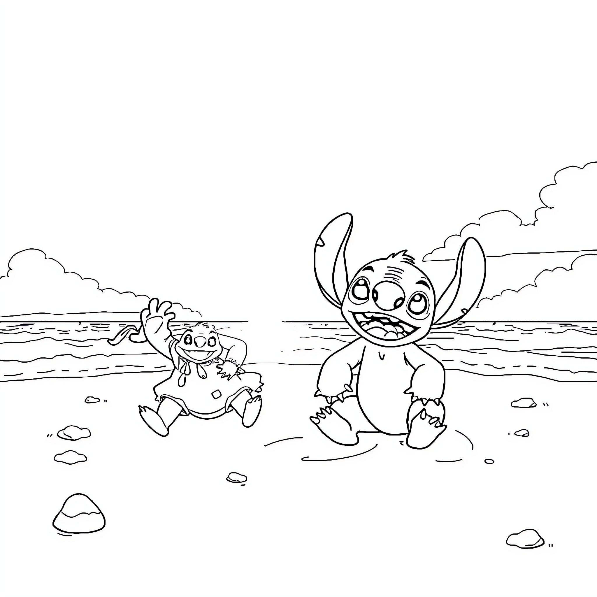 Lilo And Stitch playing joyfully on the beach Coloring Page (free black-and-white line drawing printable PDF for all, from beginners to advanced learners, including children, teens, adults, and seniors)