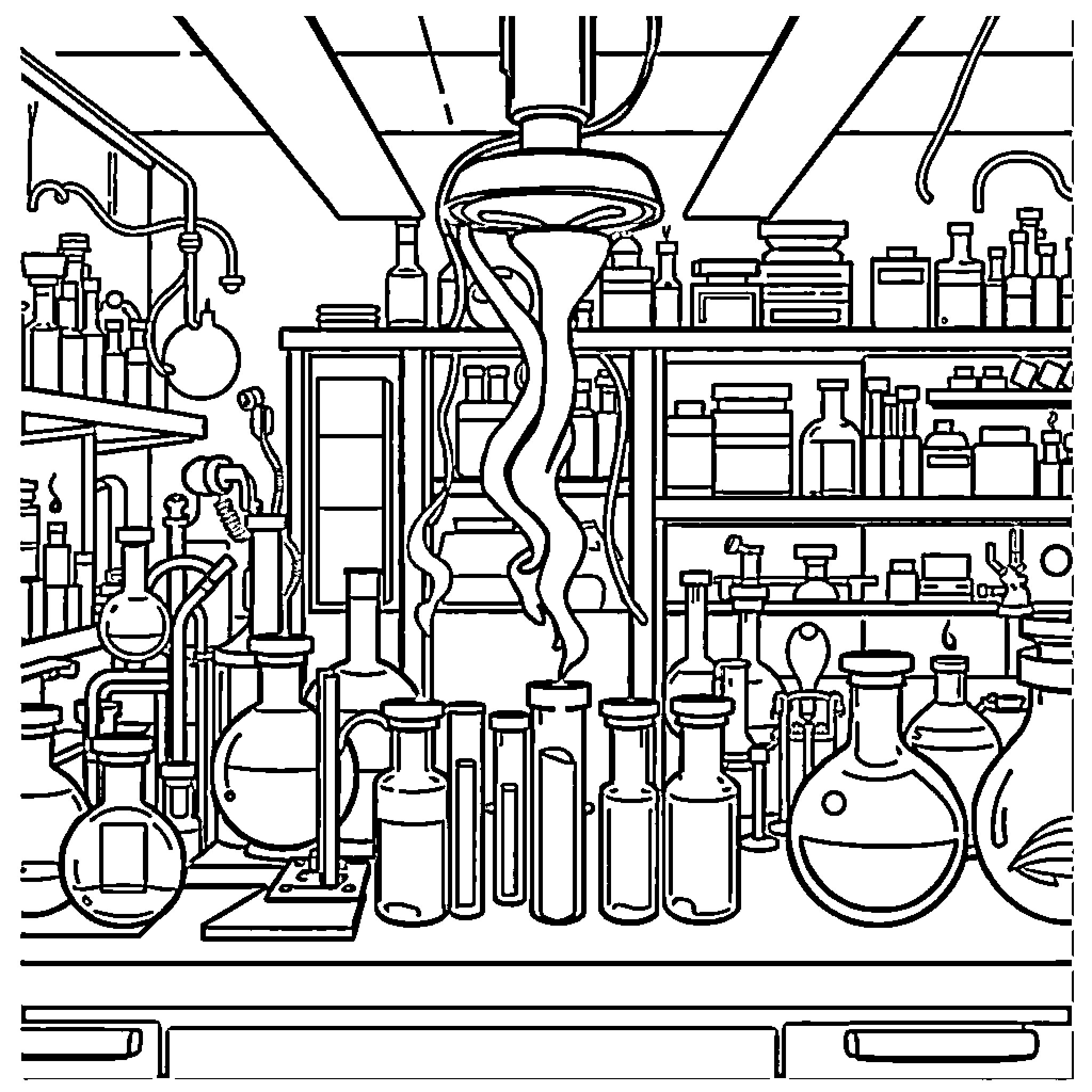 Laboratory Apparatus and Instruments Arrangement Coloring Page (free black-and-white line drawing printable PDF for all, from beginners to advanced learners, including children, teens, adults, and seniors)