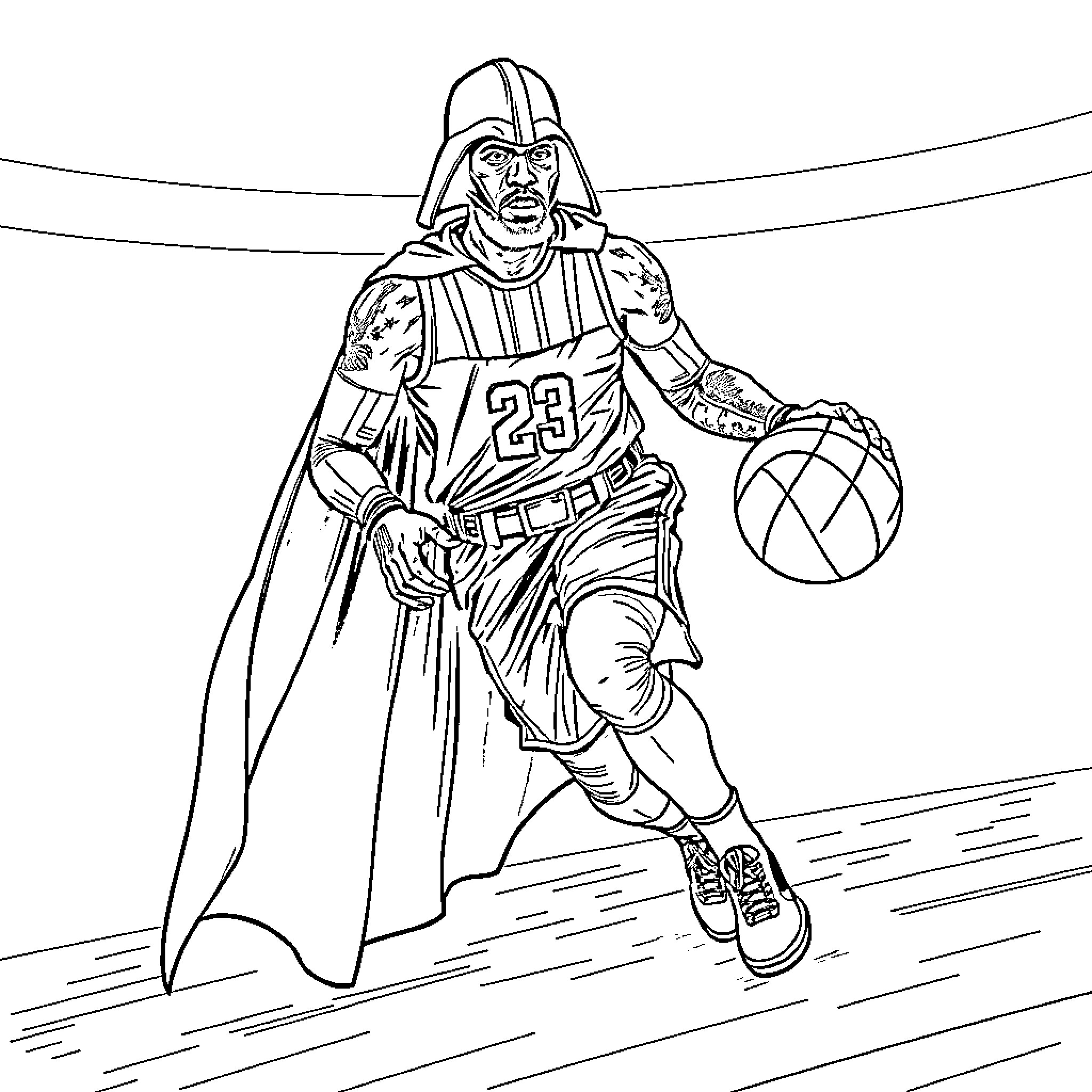 LeBron James as Darth Vader playing basketball Coloring Page (free black-and-white line drawing printable PDF for all, from beginners to advanced learners, including children, teens, adults, and seniors)